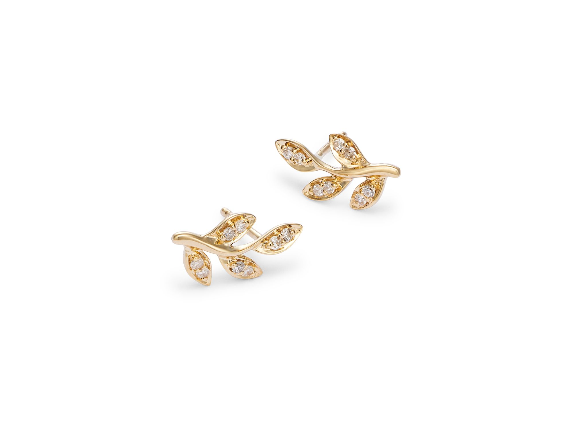 Diamond Leaf Stud Earrings in 14K Yellow Gold, 0.10 tcw — Image 4