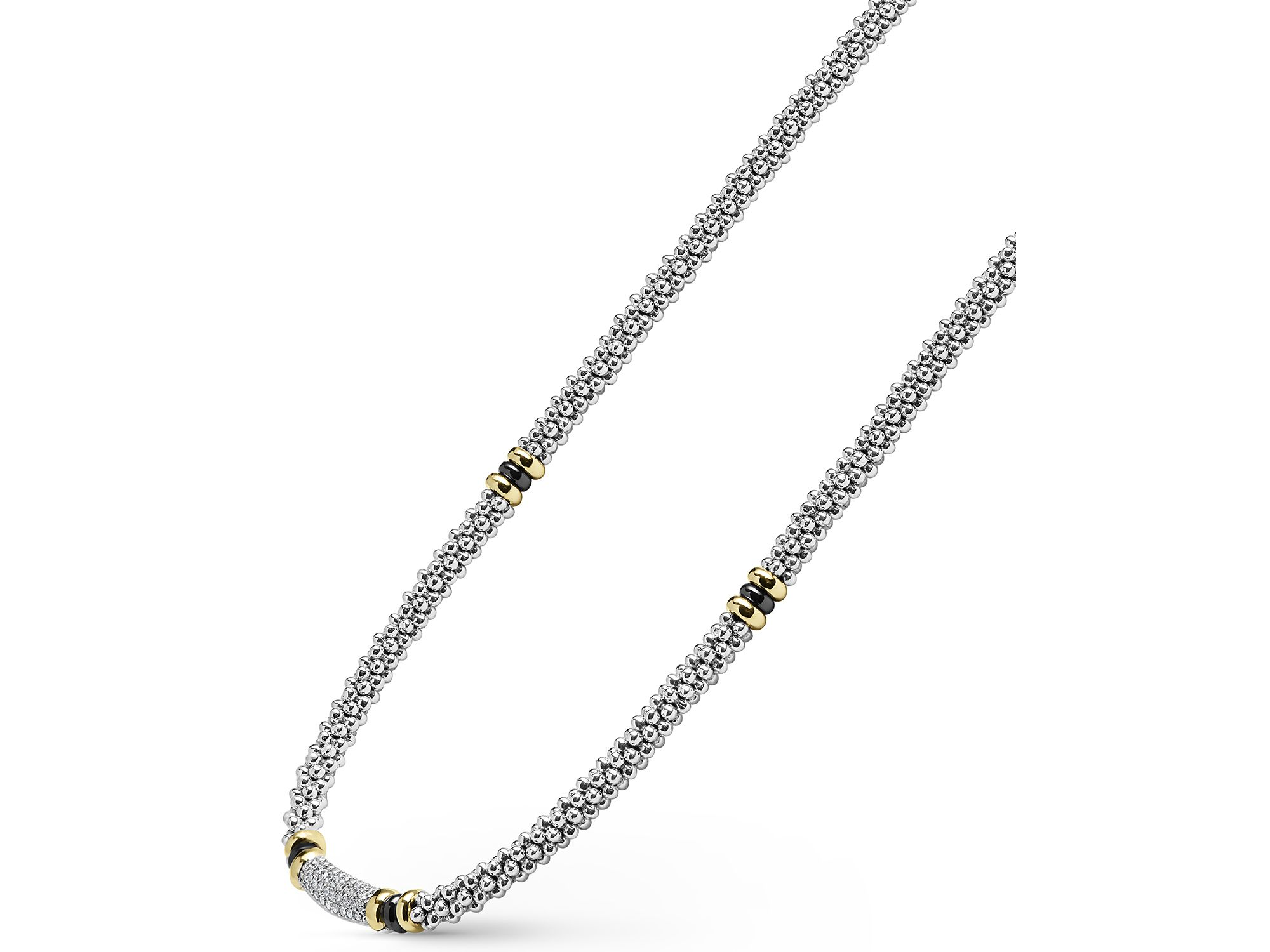 18K Yellow Gold & Sterling Black Caviar Diamond & Black Ceramic Collar Necklace, 18" — Image 3