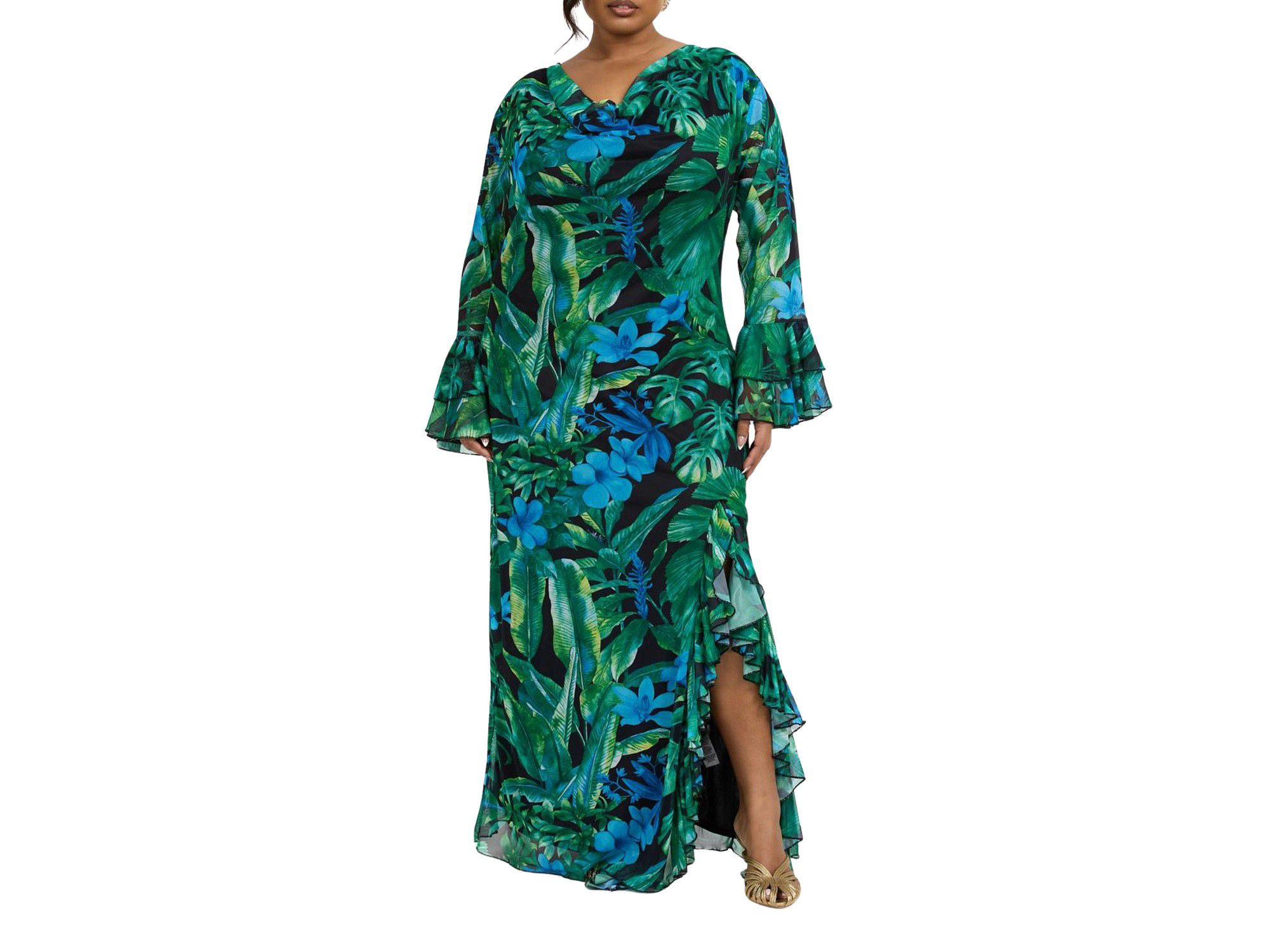Ruffle Cowl Neck Palm Print Maxi Dress - Image 1