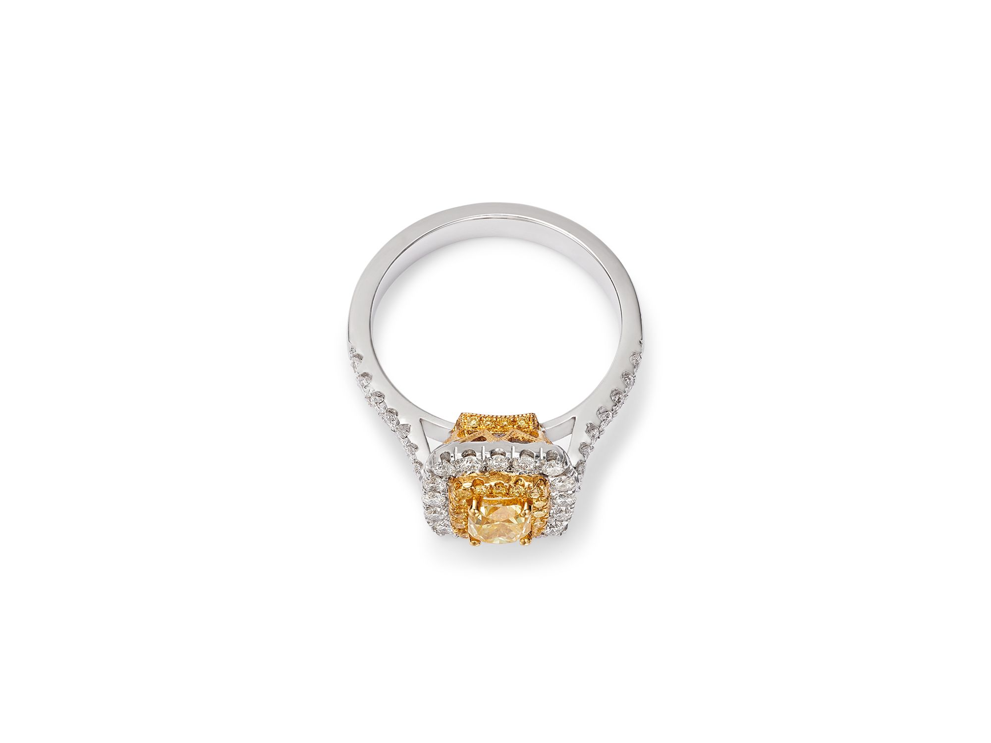 White & Yellow Diamond Cushion Square Halo Ring in 18K Yellow & White Gold, 1.15 tcw — Image 3