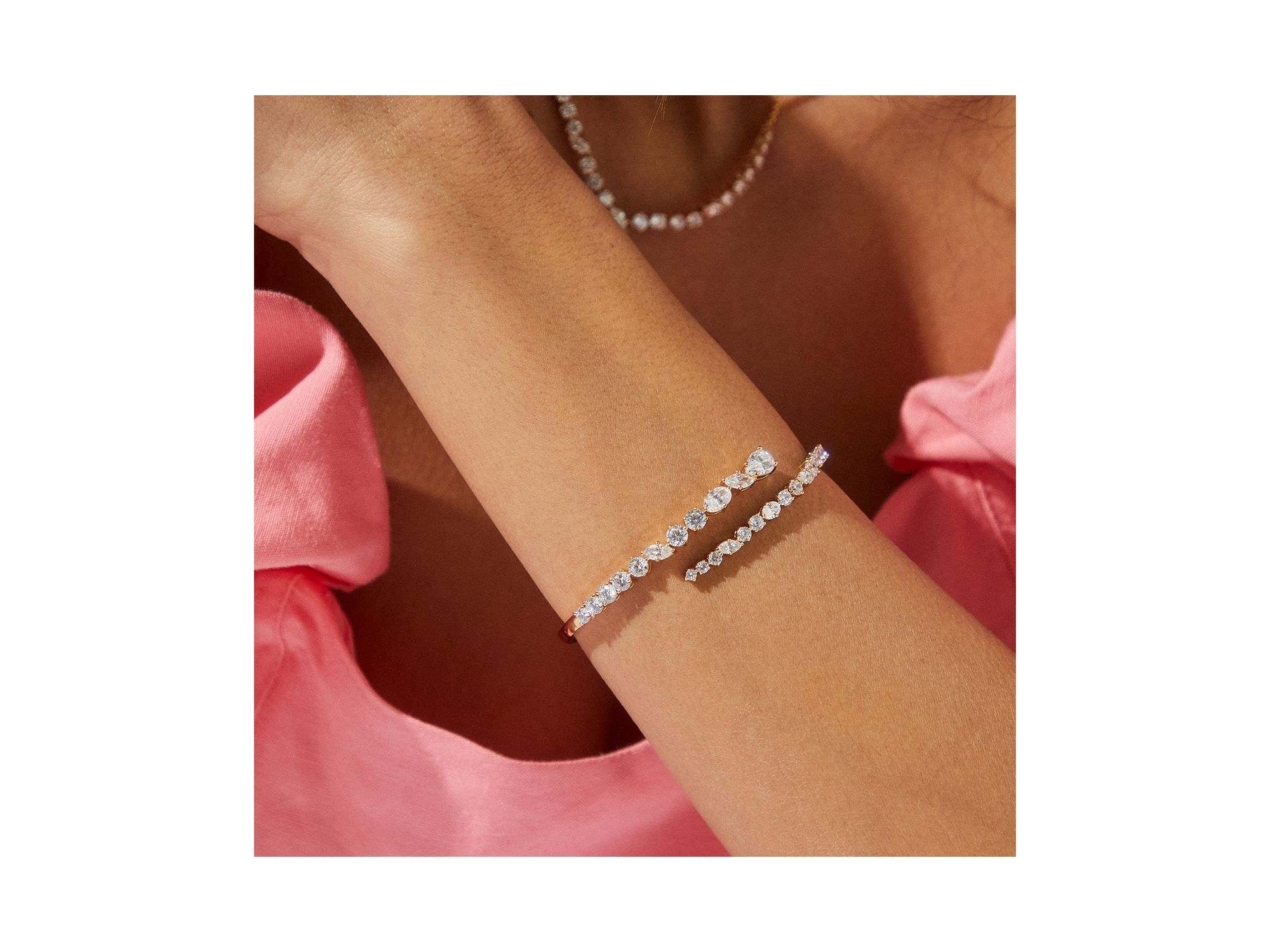 Flutter Cubic Zirconia Bypass Bangle Bracelet in Rhodium Plated or 18K Gold Plated — Image 3