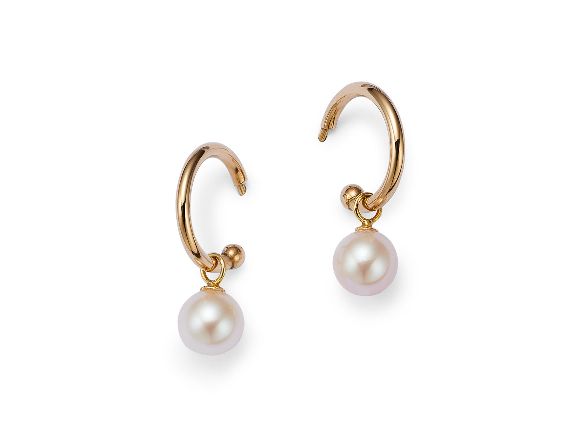Cultured Freshwater Pearl Huggie Hoop Earrings in 14K Yellow Gold, 6mm — Image 3