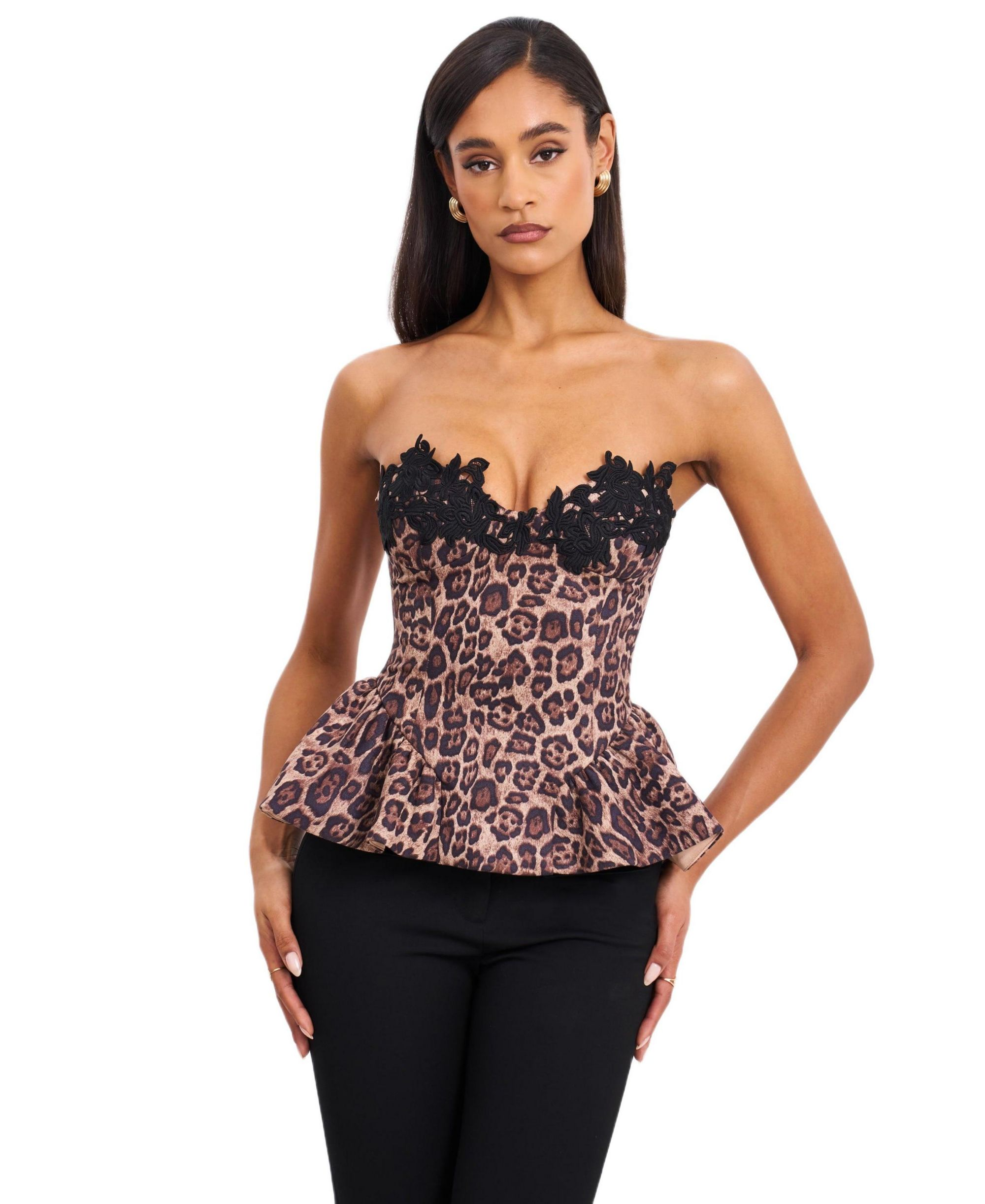 Qiara Cheetah Print Peplum Top with Lace Trim — Image 4
