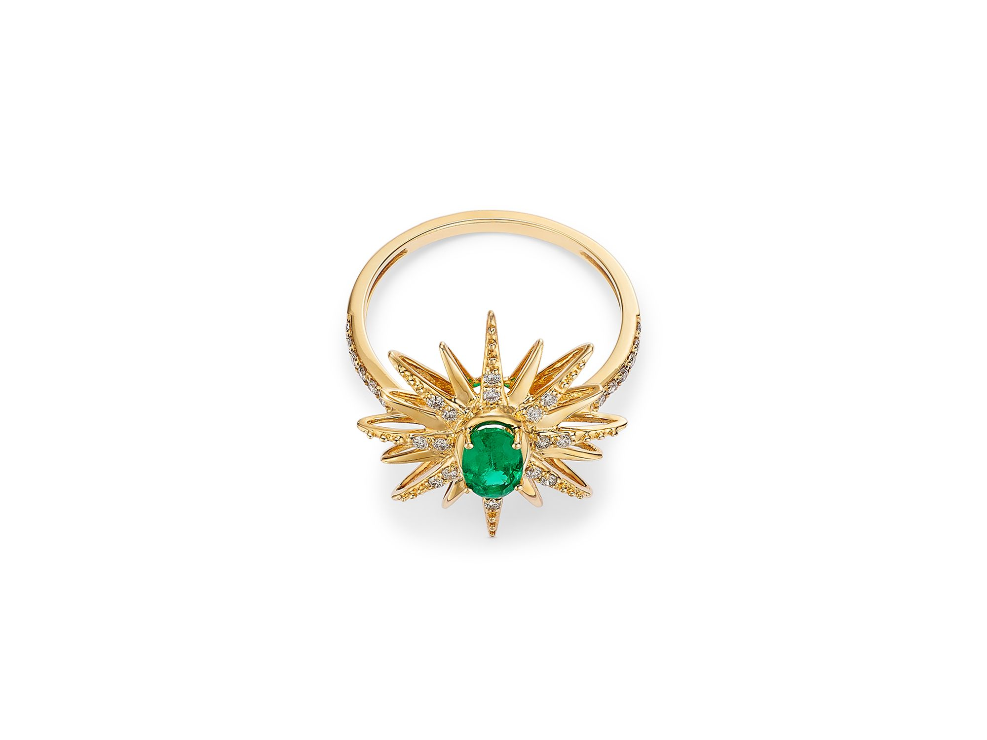 Emerald & Diamond Starburst Ring in 14K Yellow Gold — Image 3