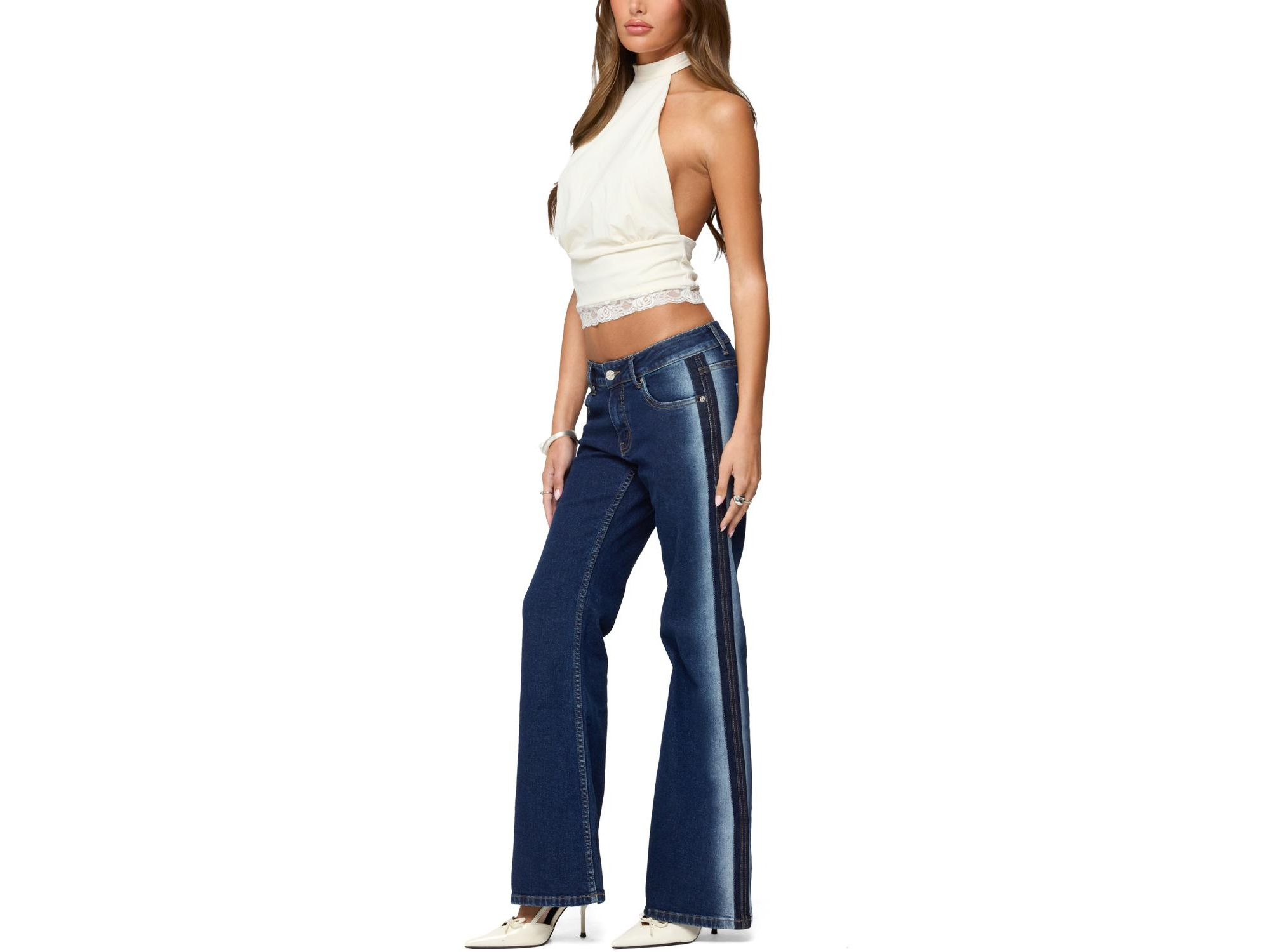 Airbrushed Low Rise Flared Dark Rinse Wash Jeans — Image 5