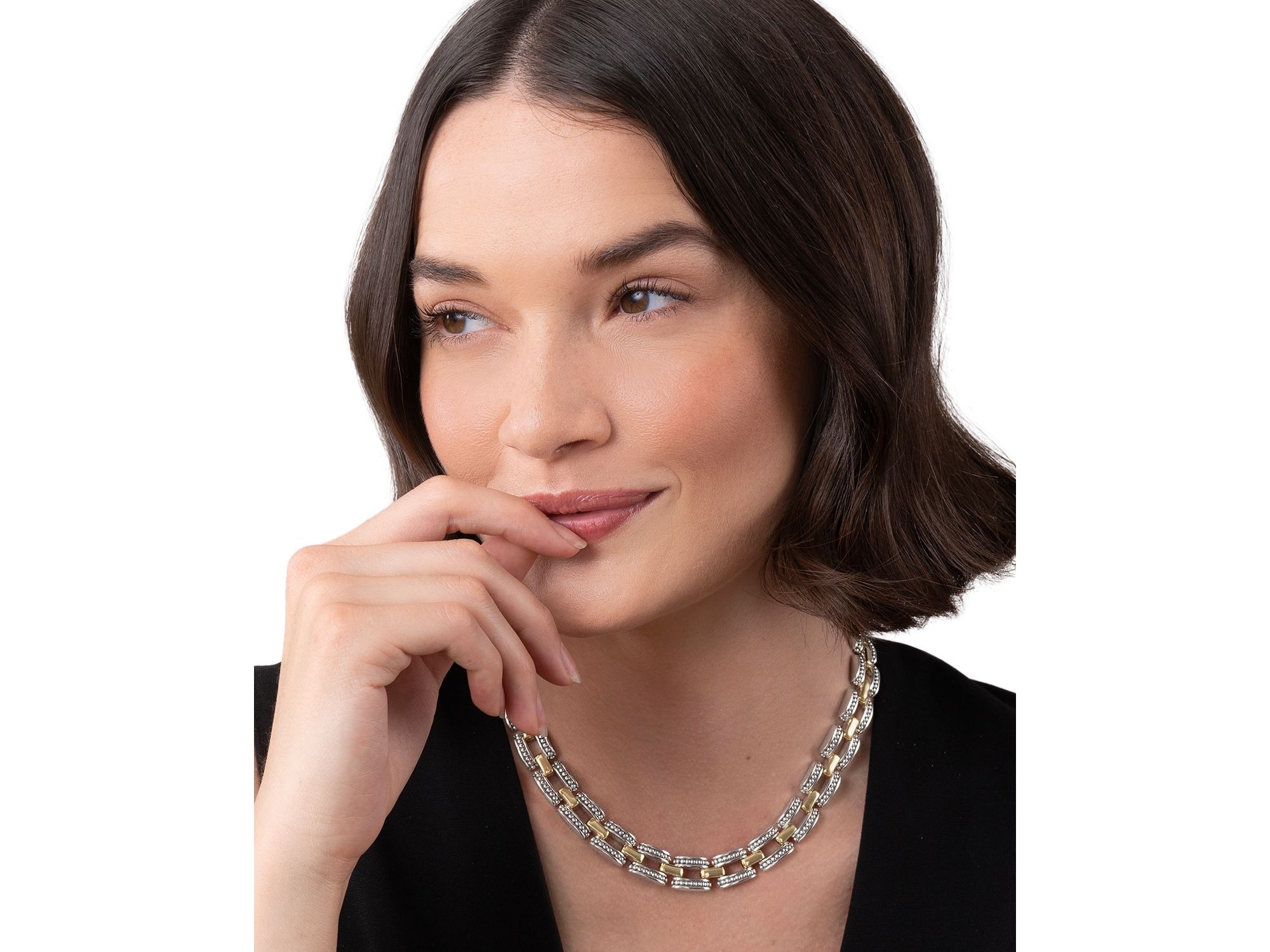 18K Yellow Gold & Sterling Silver High Bar Link Statement Necklace, 16" — Image 3