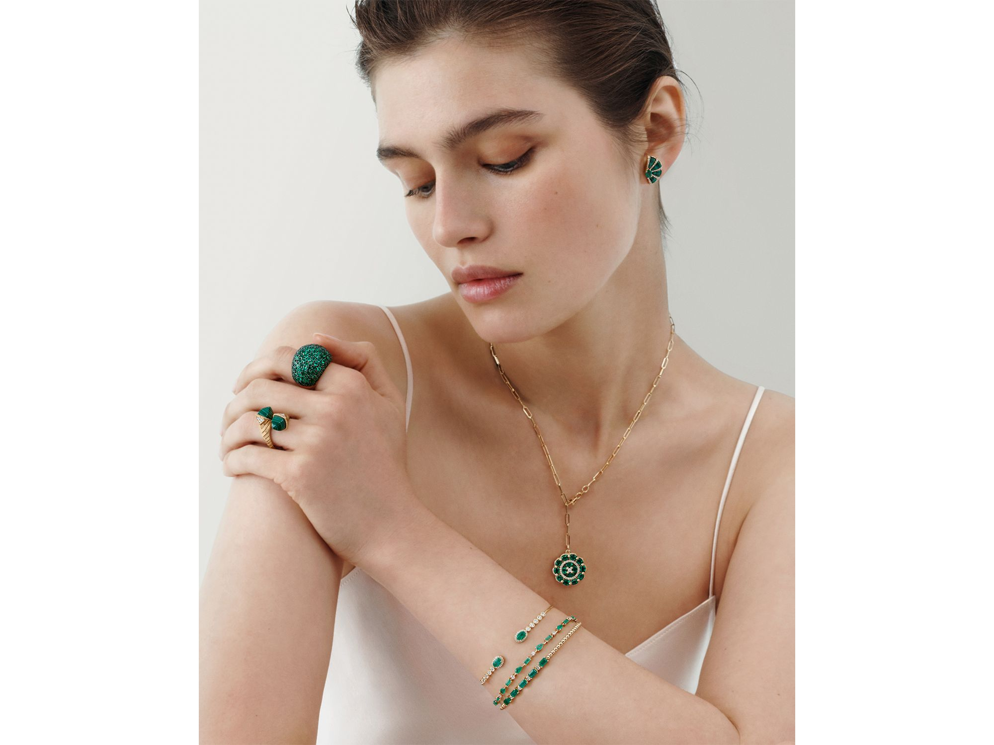 Emerald & Diamond Cuff Bangle Bracelet in 14K Yellow Gold — Image 4