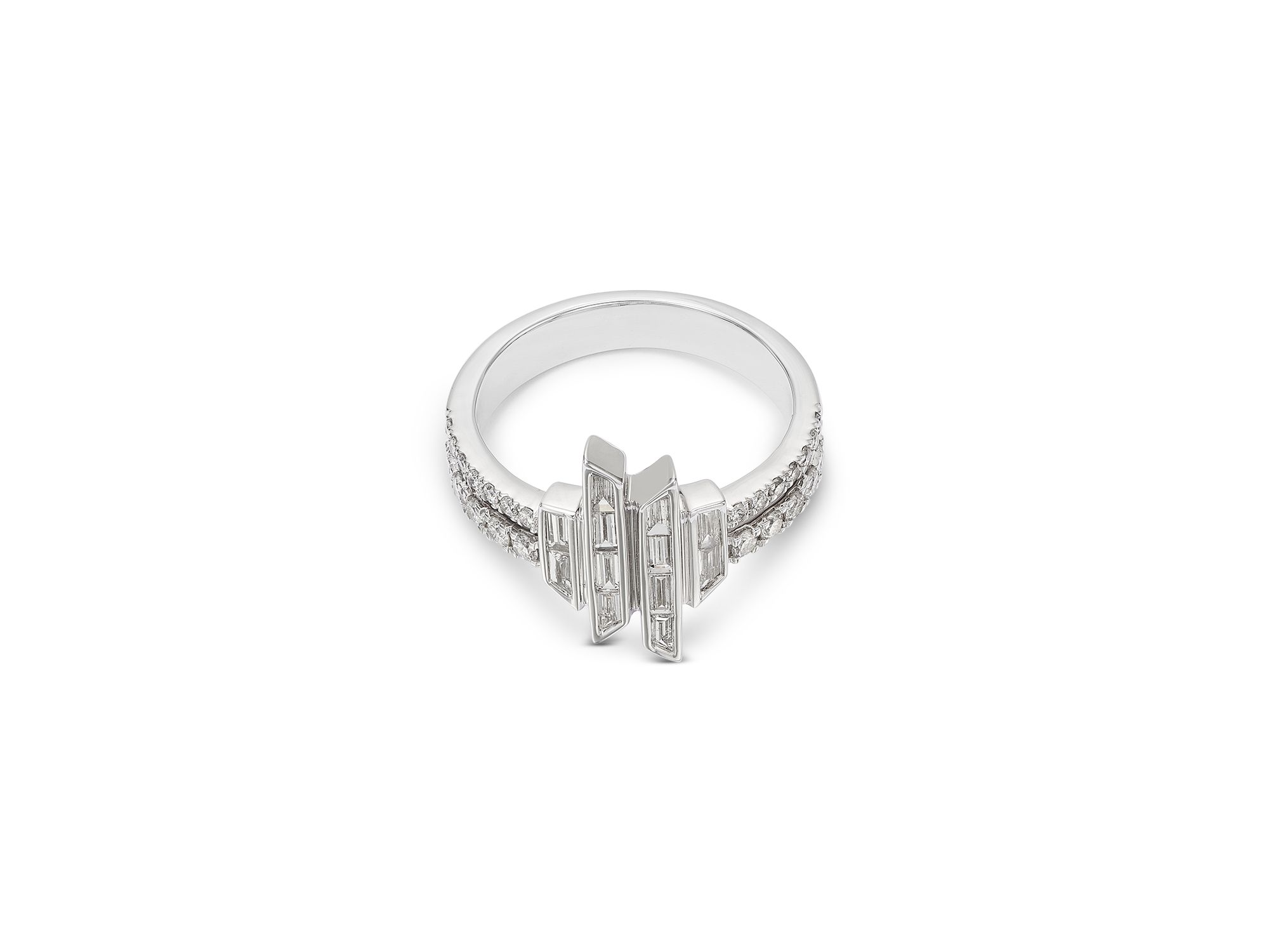 Diamond Round & Baguette Geometric Cluster Double Row Ring in 14K White Gold, 0.75 tcw — Image 3