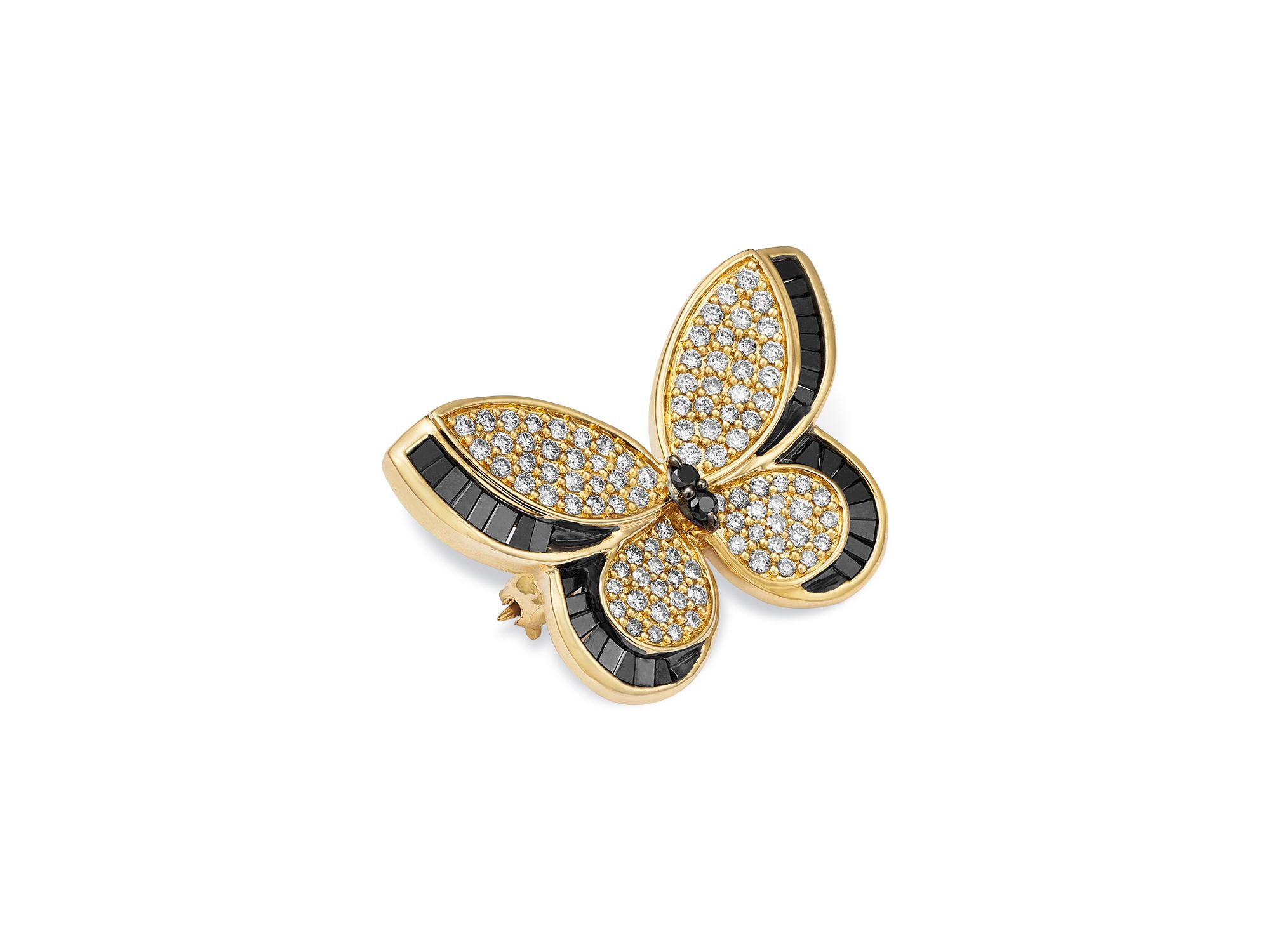 Black & White Diamond Pavé Butterfly Brooch in 14K Yellow Gold, 1.00 tcw — Image 3