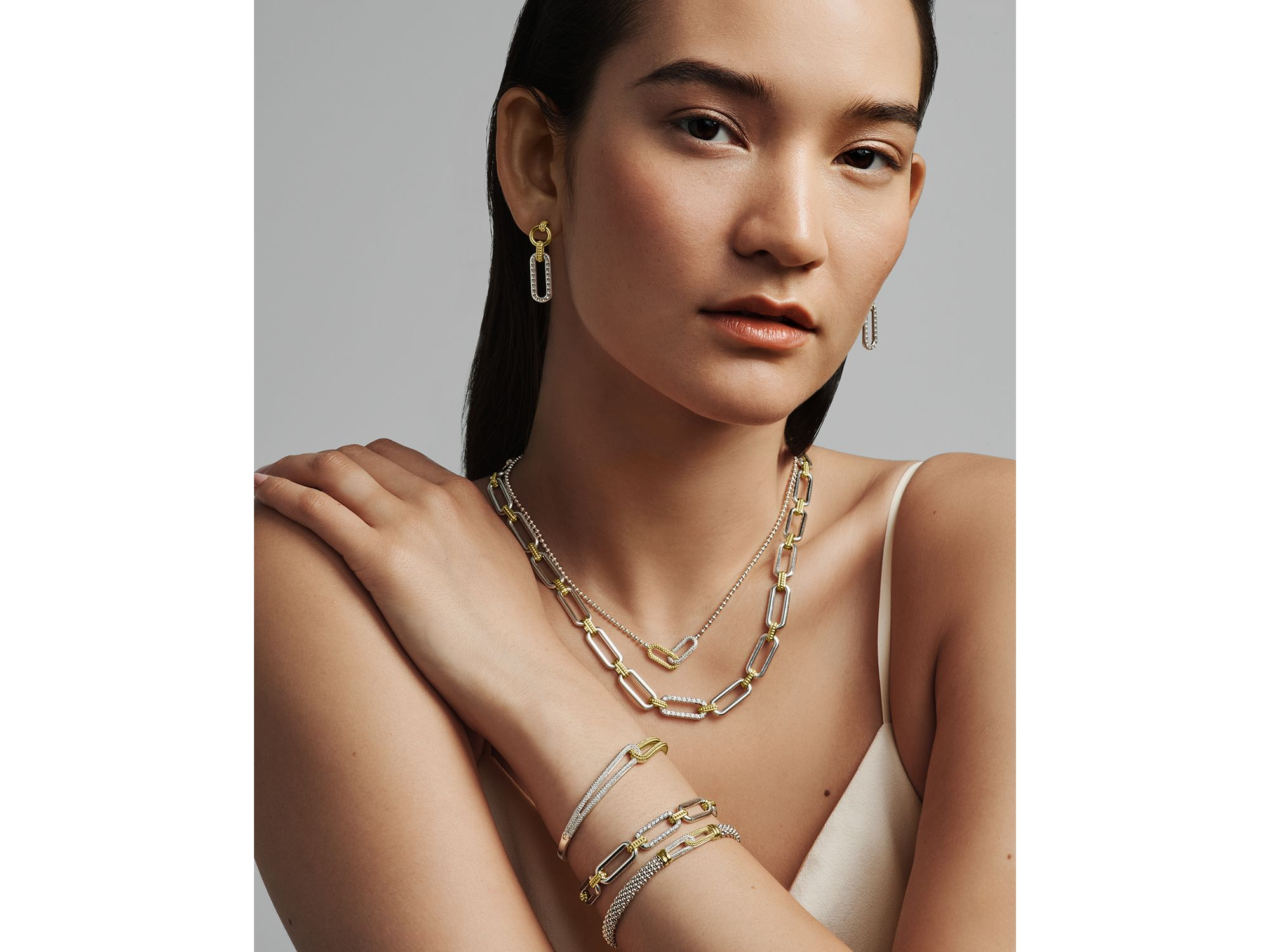 18K Yellow Gold & Sterling Silver Caviar Lux-Clip Diamond Bead Link Necklace, 16-18" - Exclusive — Image 3