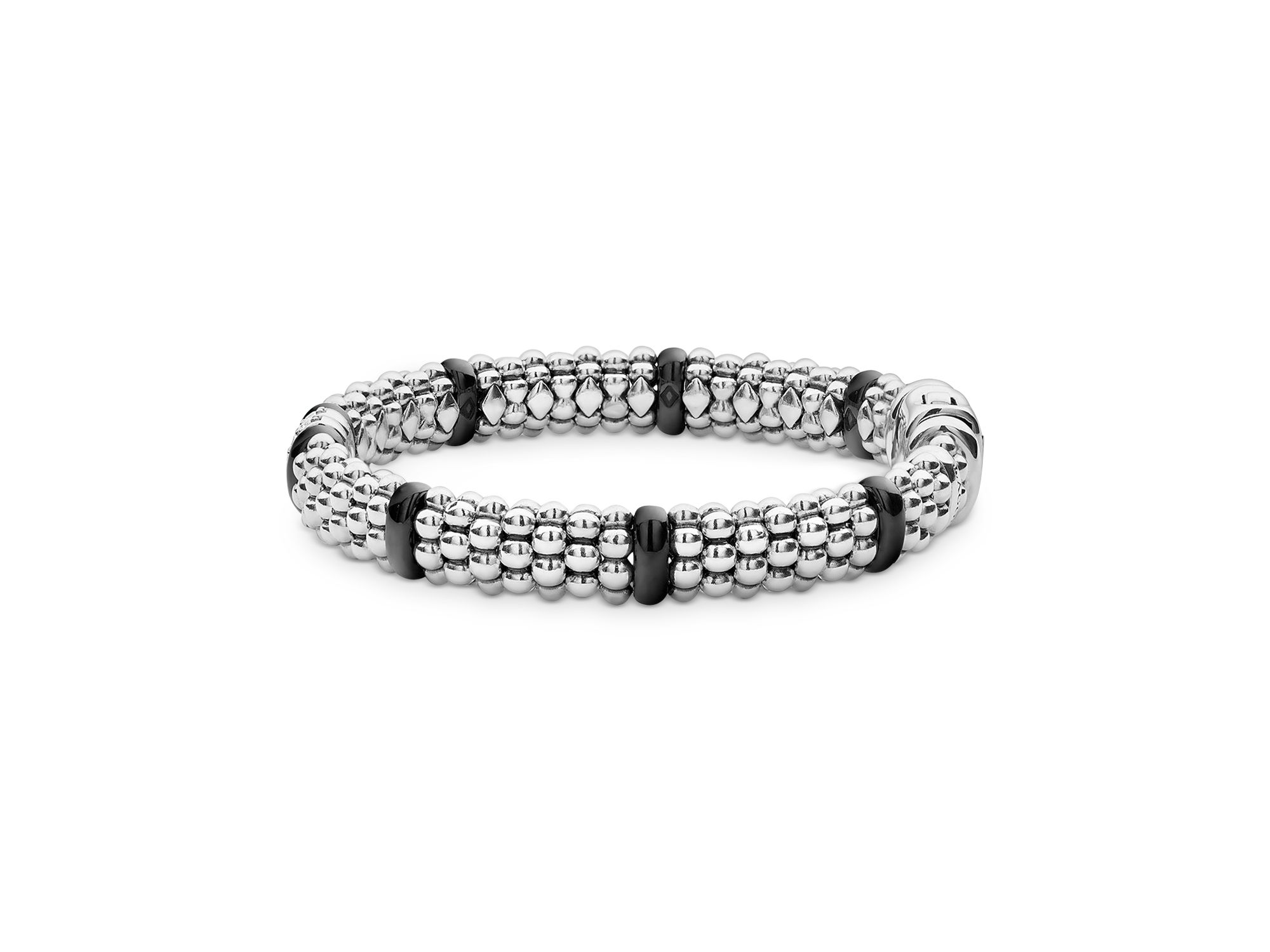 Sterling Silver & Ceramic Caviar Beaded Diamond Station Bracelet — Image 4