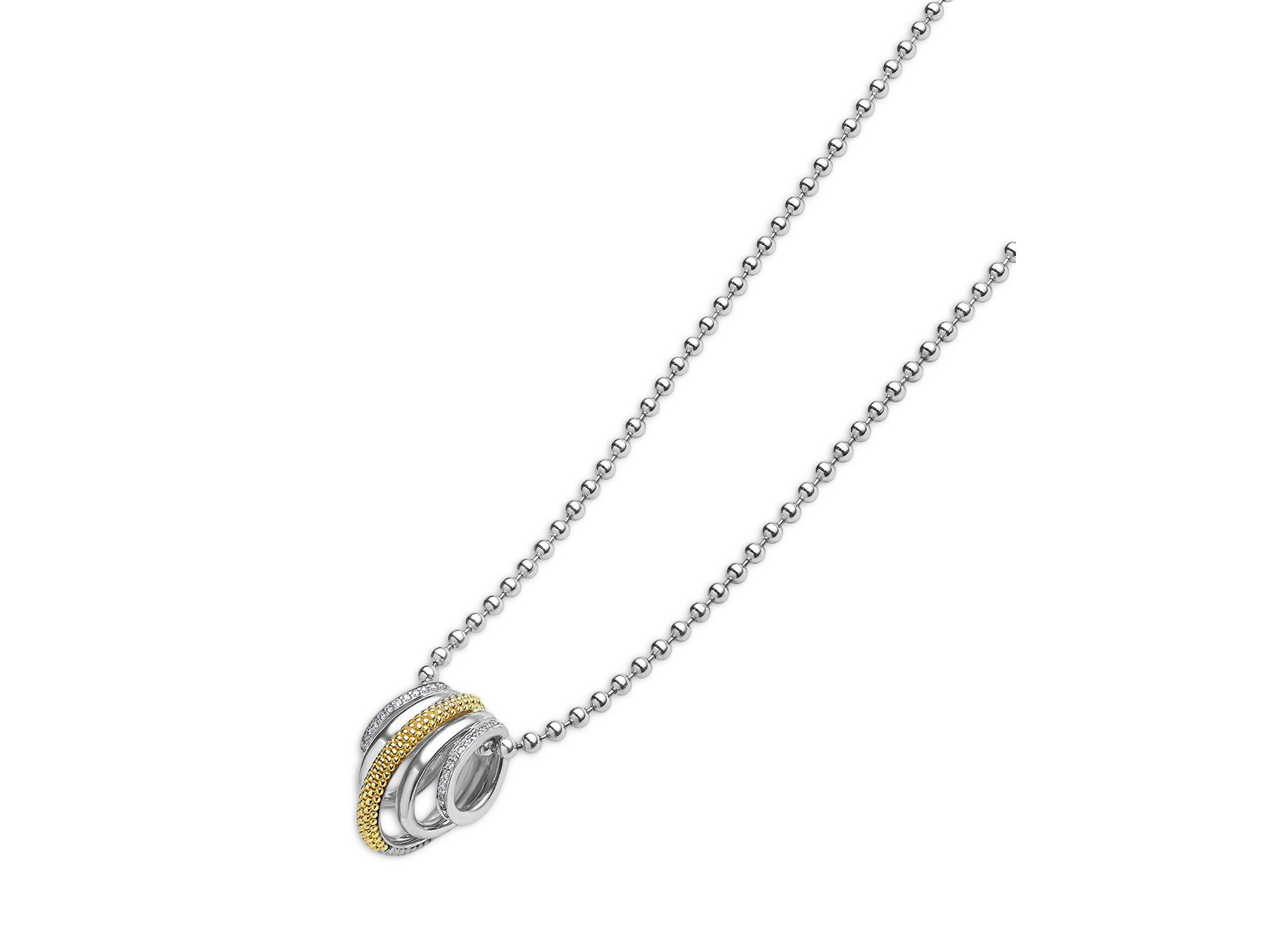 Two Tone Caviar Lux Five Ring Pendant Necklace with Diamonds, 16-18" — Image 3