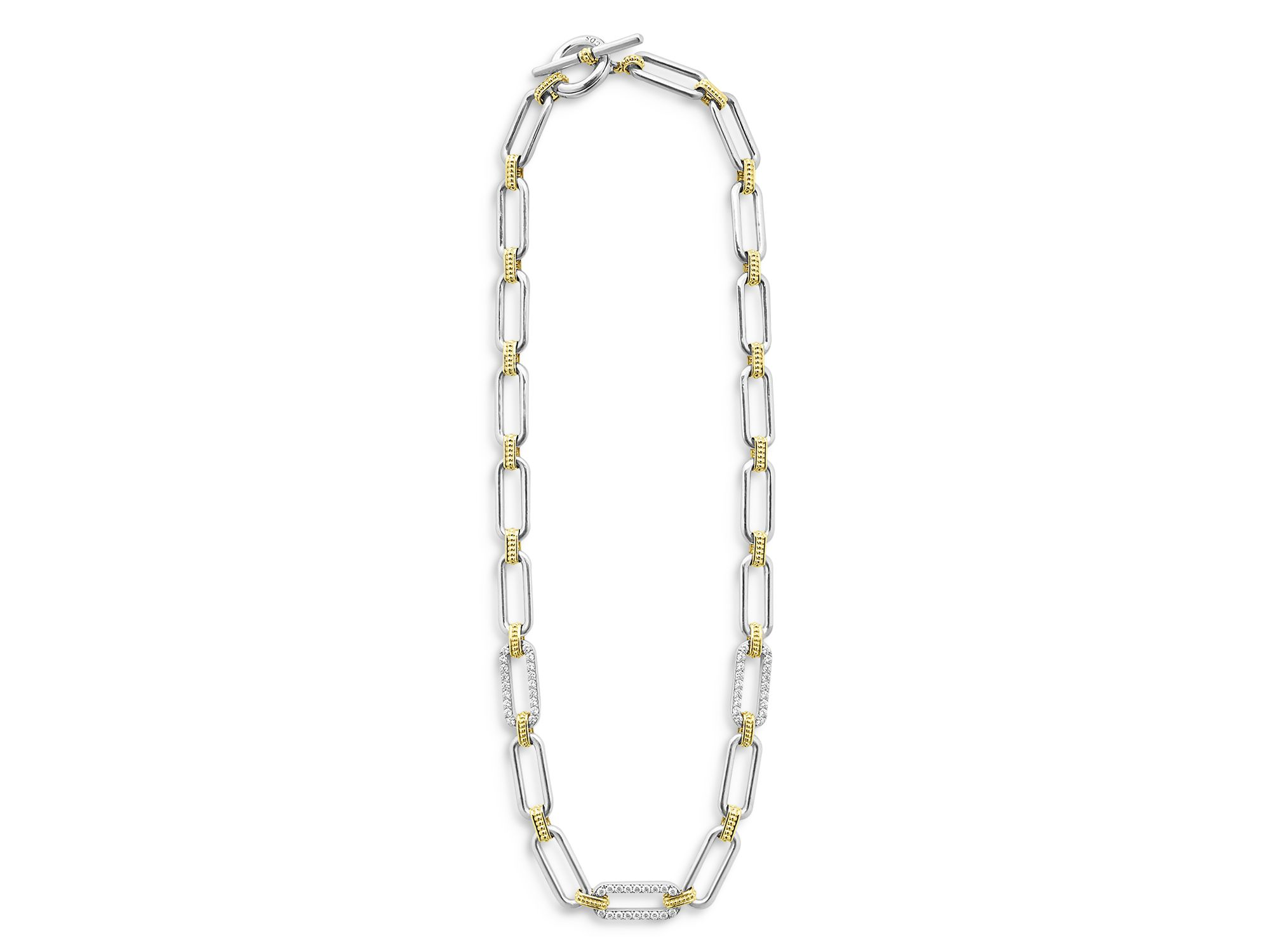 18K Yellow Gold & Sterling Silver Signature Caviar Diamond Trio Station Link Collar Necklace, 18" — Image 5