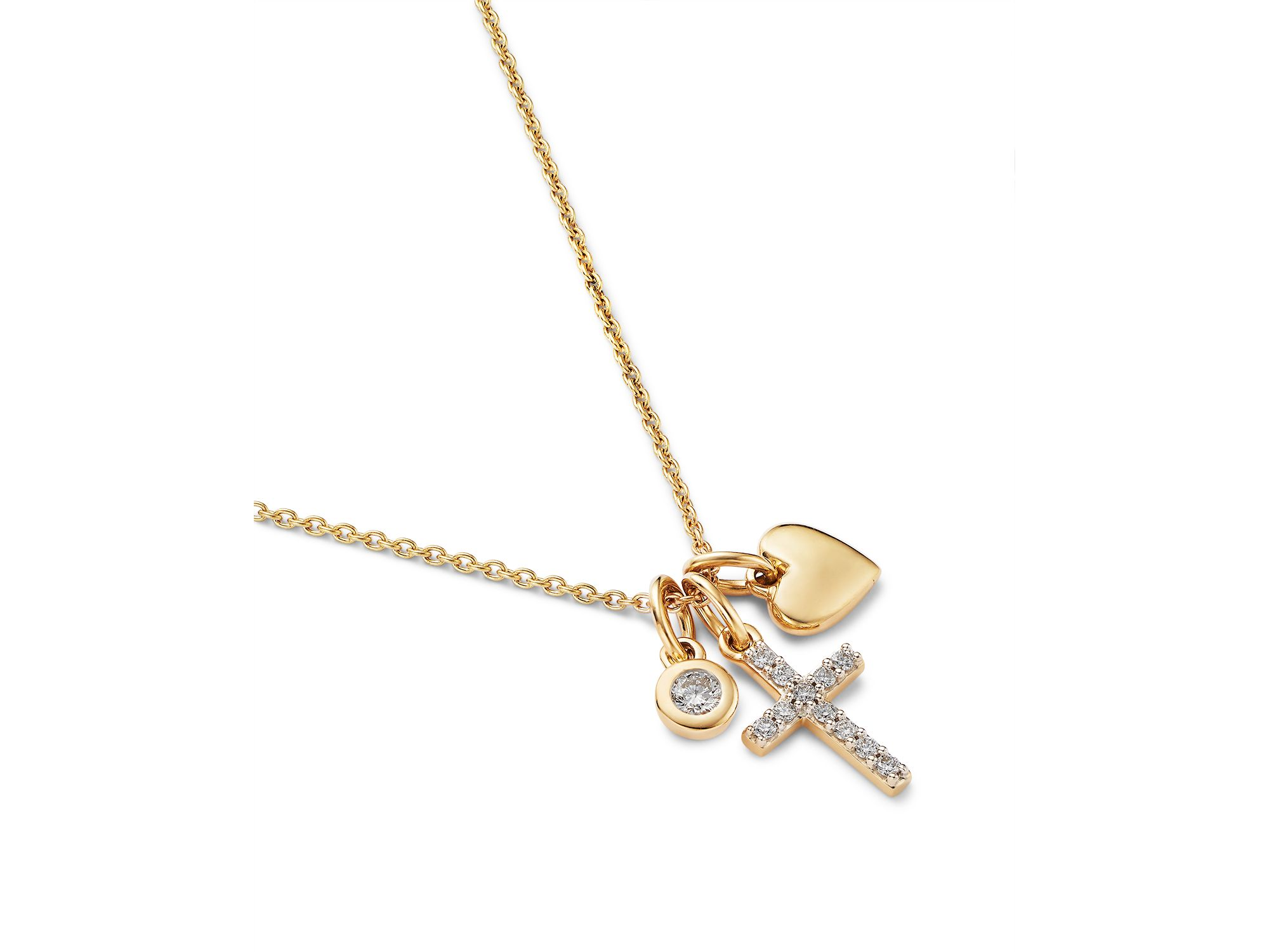Cross, Heart and Diamond Charm Necklace in 14K Yellow Gold, 0.15 tcw — Image 3
