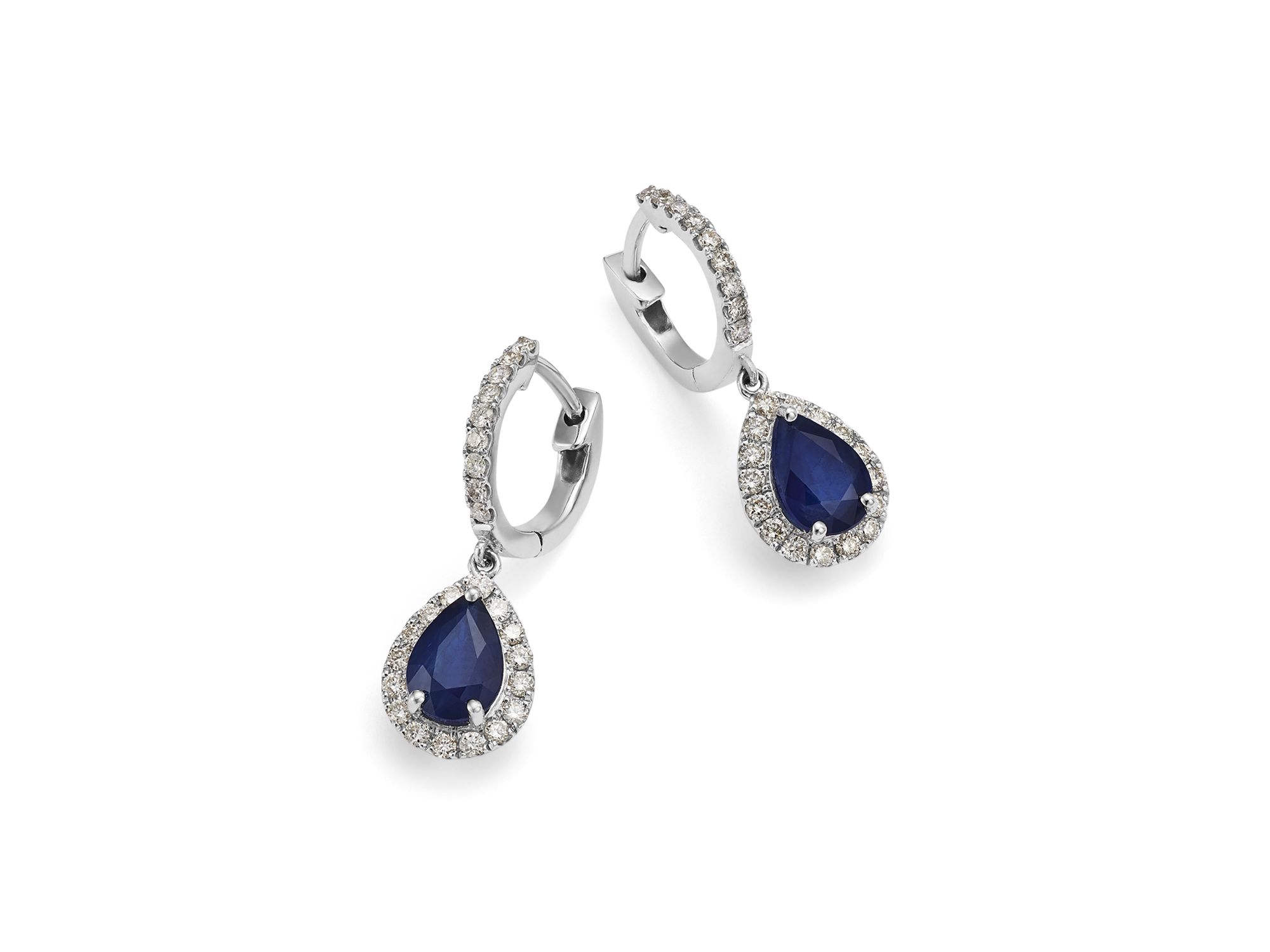 Blue Sapphire & Diamond Pear Halo Drop Earrings in 14K White Gold — Image 3