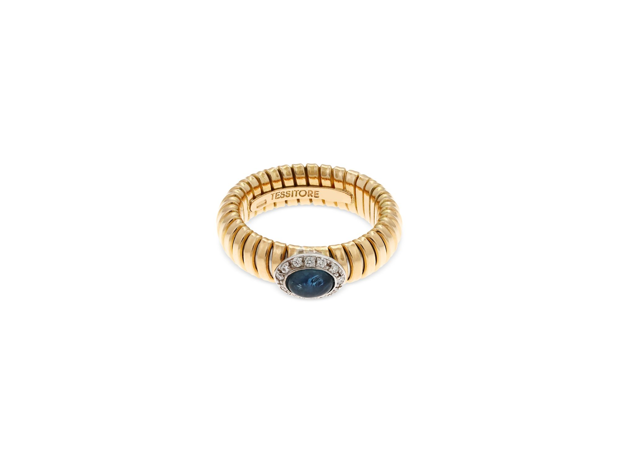 18K Yellow Gold Via Giardino Tubogas Domed Sapphire Cabochon & Diamond Ring — Image 4
