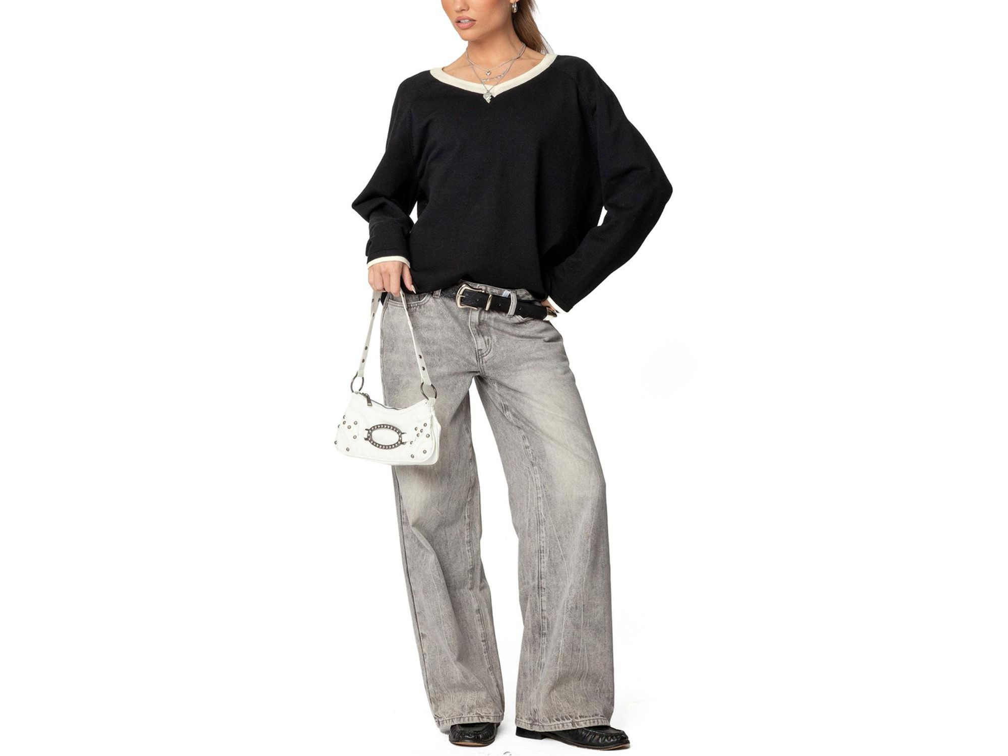 Contrast V Neck Knit Sweater — Image 3
