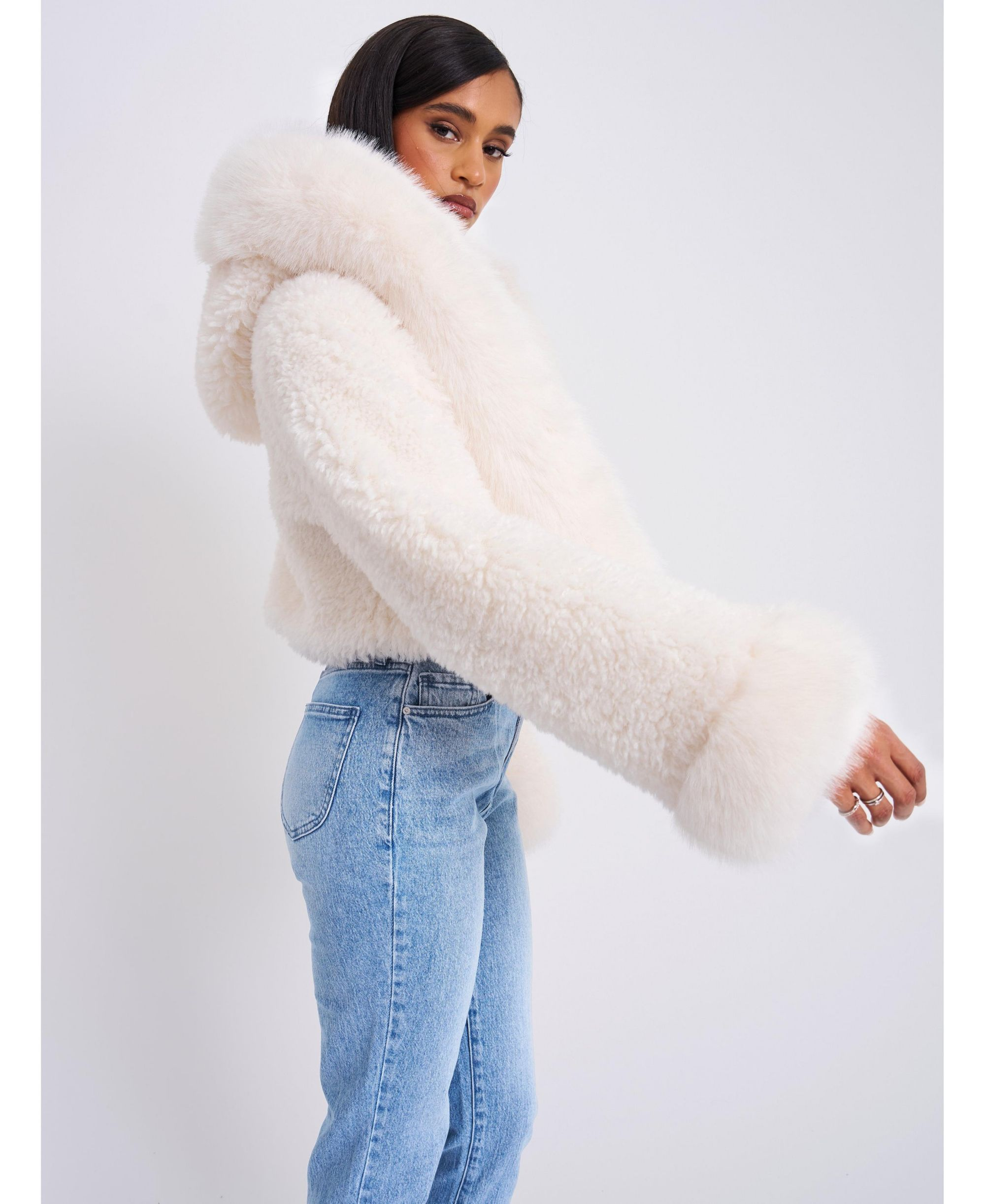 Kali Cropped Faux Fur Jacket with Hood — Image 6