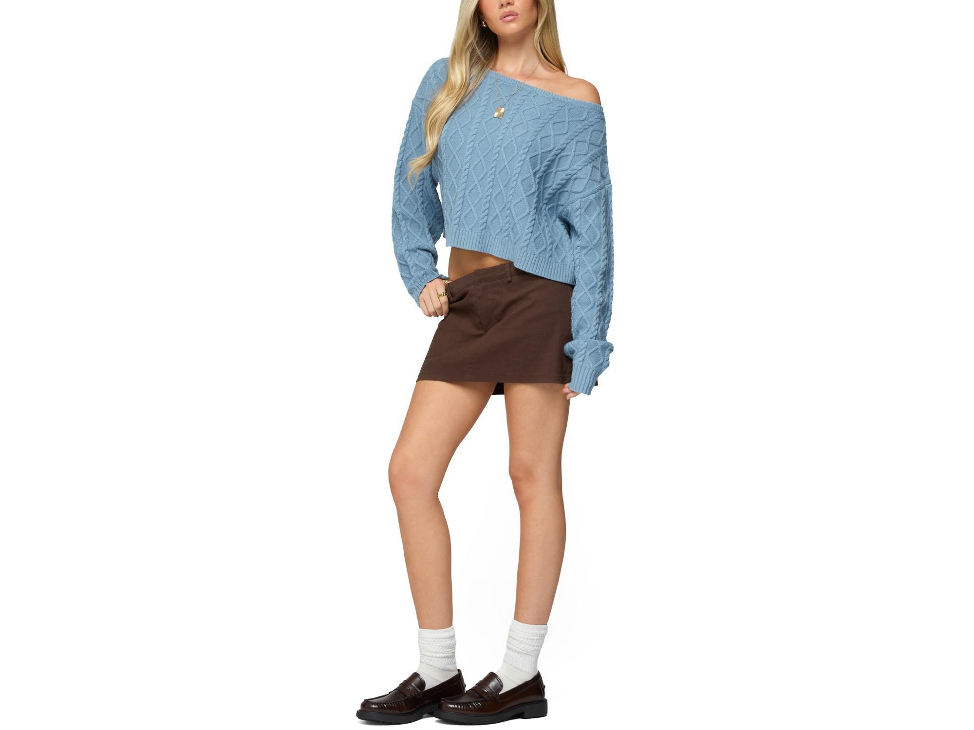 Oversized Off Shoulder Cable Knit Sweater — Image 5