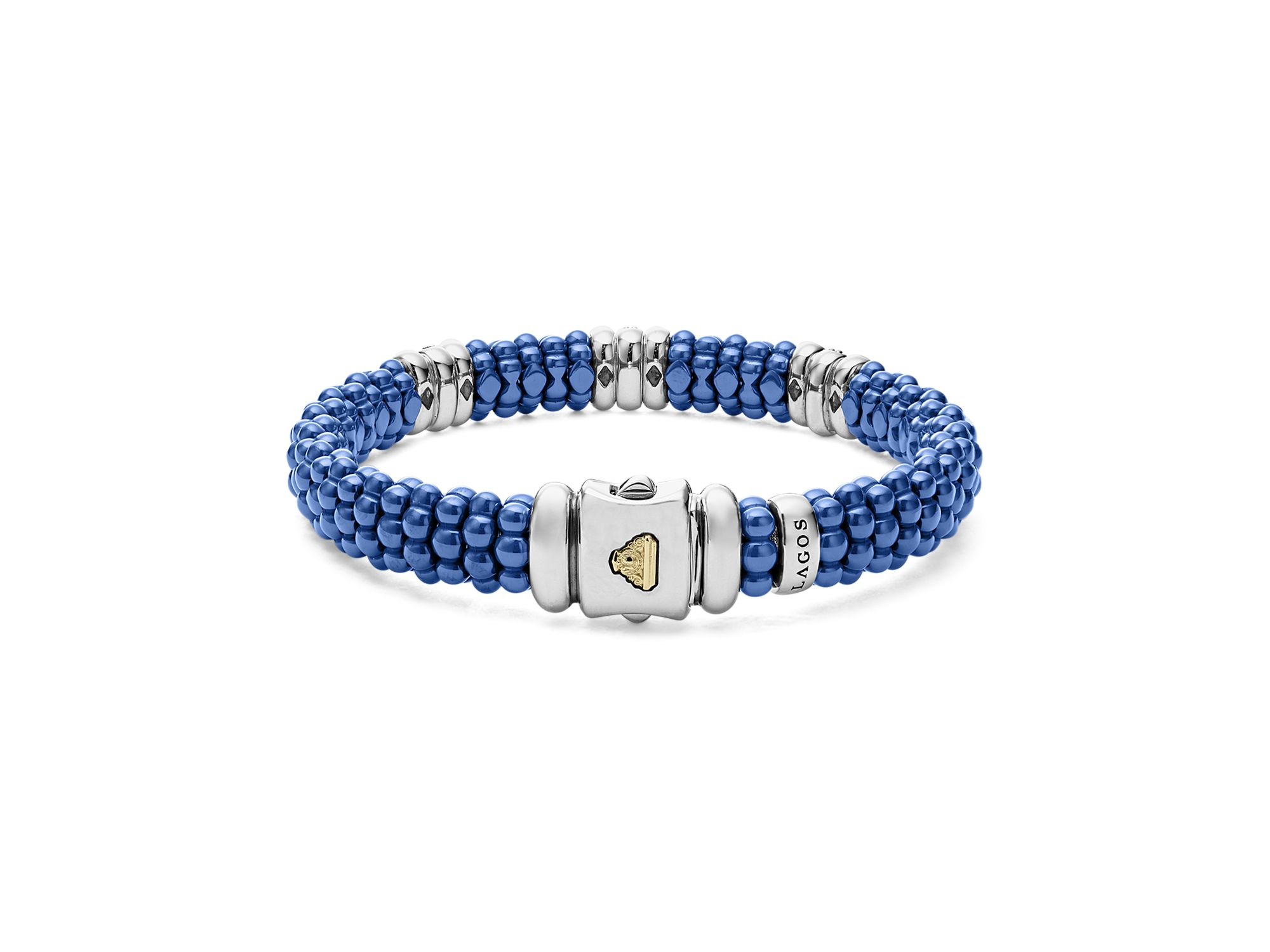 18K Yellow Gold & Sterling Silver Diamond Rondelle & Ultramarine Ceramic Caviar Bead Statement Bracelet — Image 5