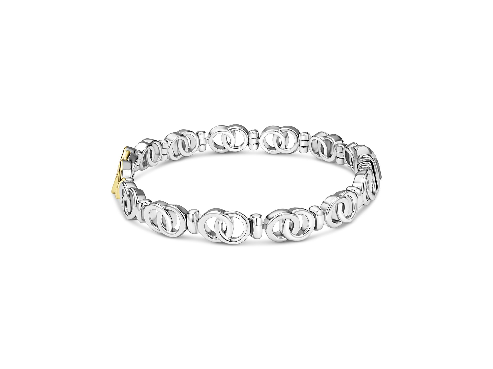 18K Yellow Gold & Sterling Silver Signature Caviar Diamond Interlocking Ring Link Bracelet — Image 4