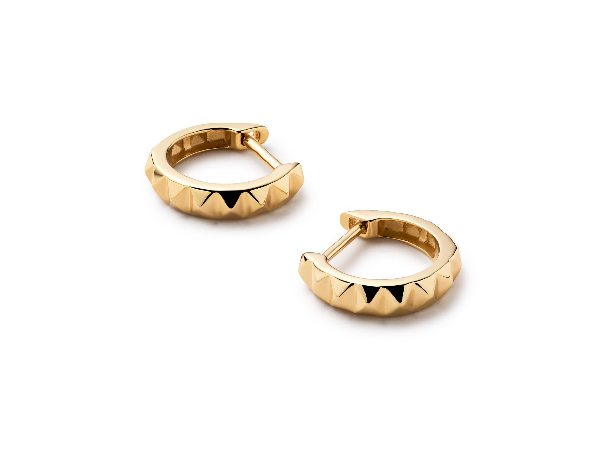 Solid Yellow Gold Pyramid Huggie Hoops Earrings — Image 5