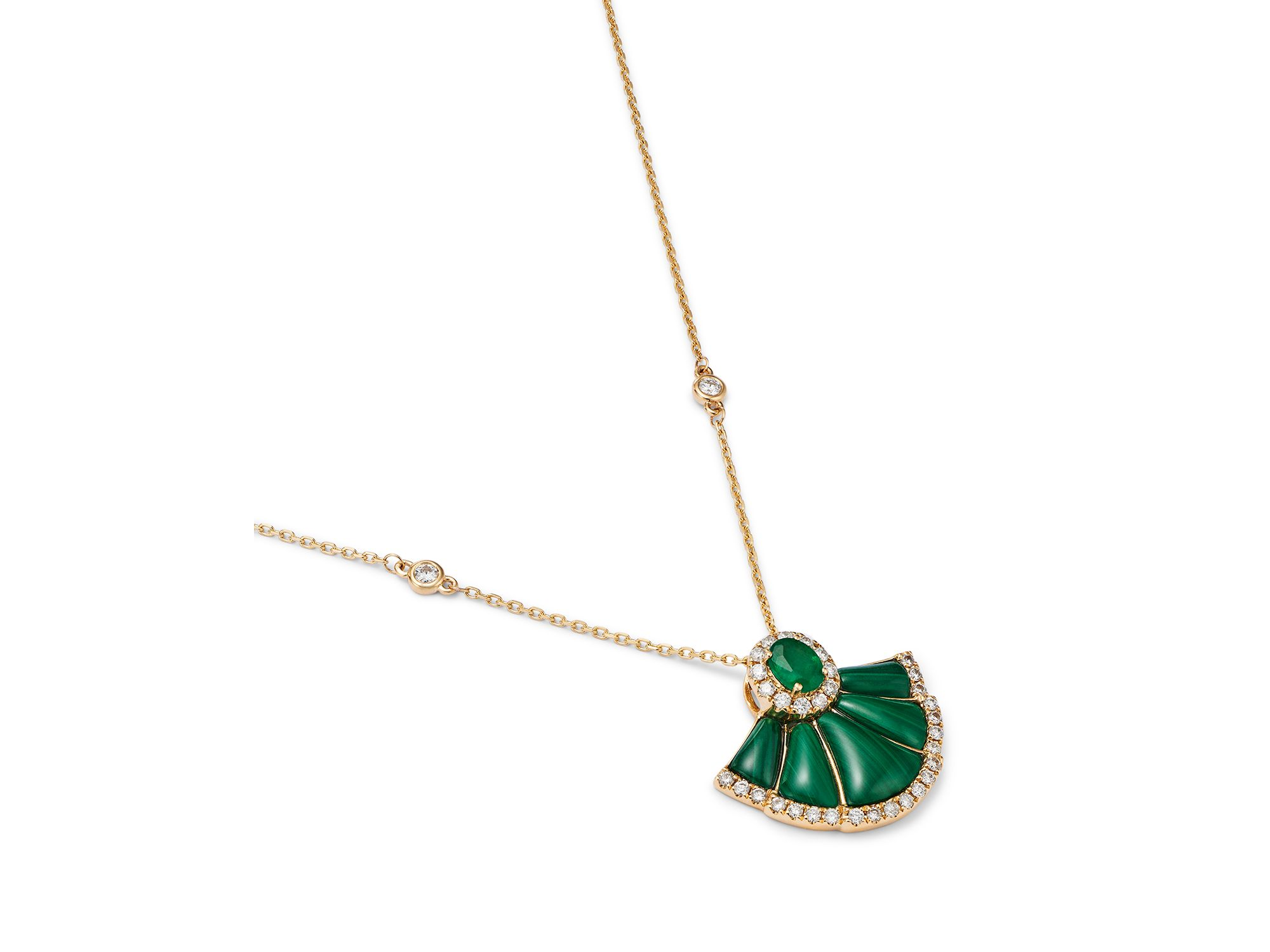 Emerald, Malachite & Diamond Pendant Necklace in 14K Yellow Gold, 18" — Image 3