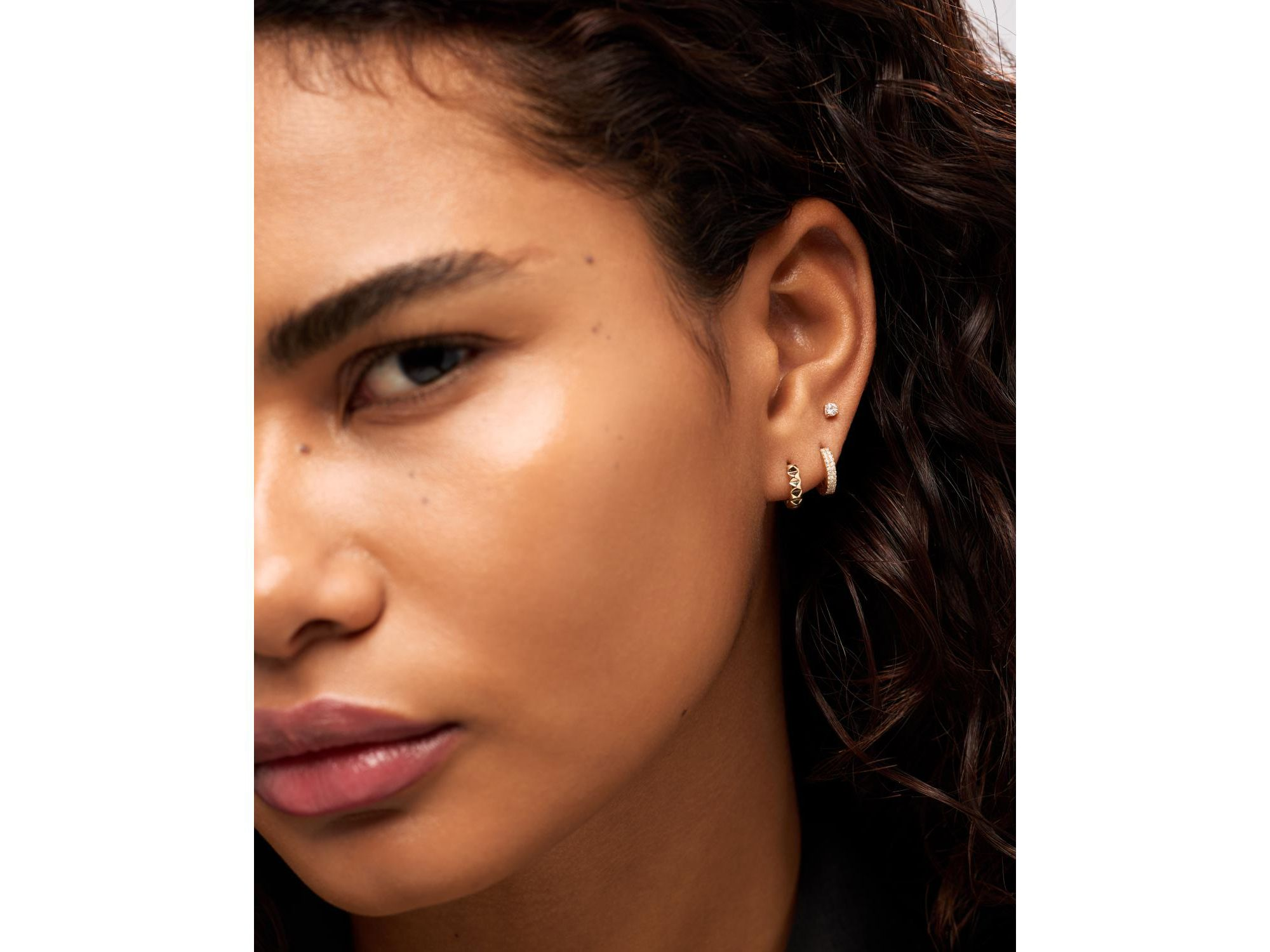 Solid Yellow Gold Pyramid Huggie Hoops Earrings — Image 4