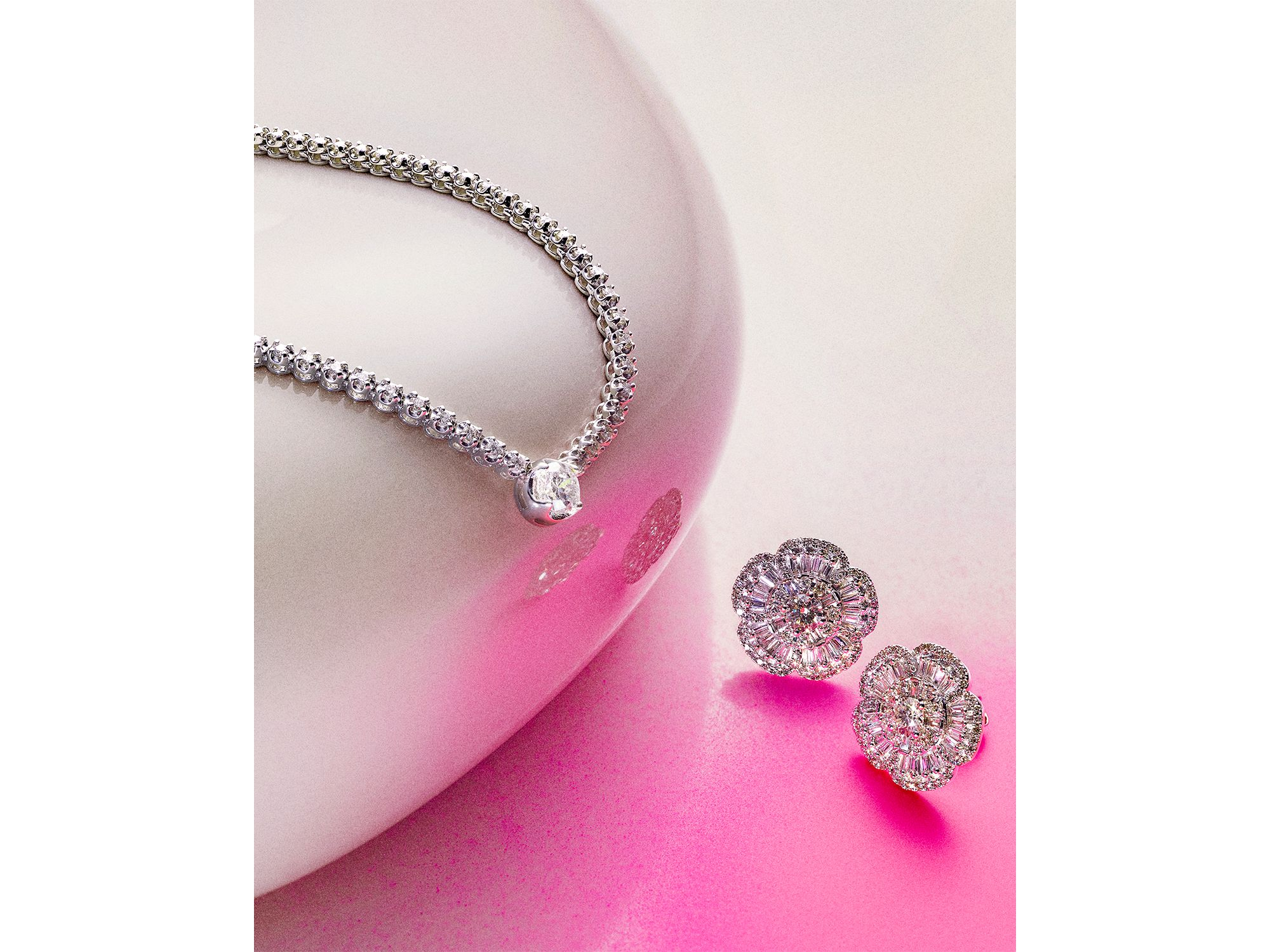 Diamond Round & Baguette Flower Stud Earrings in 14K White Gold, 1.0 tcw — Image 3