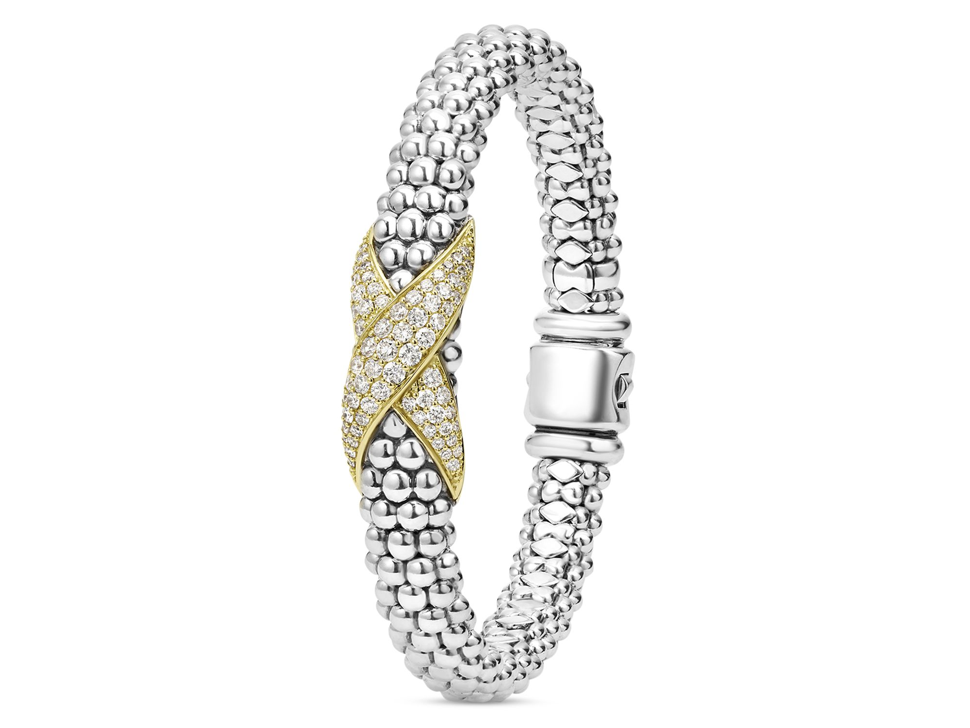 18K Yellow Gold & Sterling Silver Embrace Diamond Pavé X Caviar Bead Bracelet — Image 3