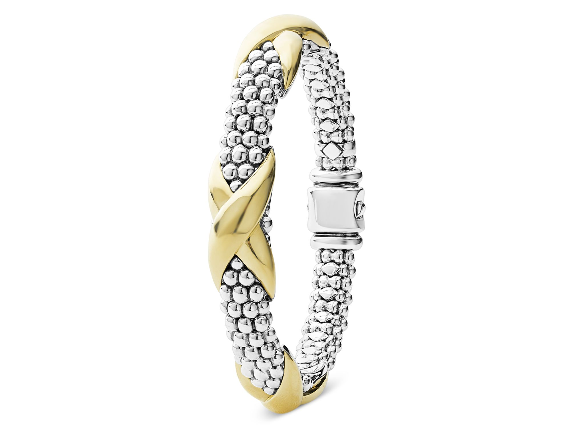 18K Yellow Gold & Sterling Silver Embrace Triple X Caviar Bead Link Bracelet — Image 3