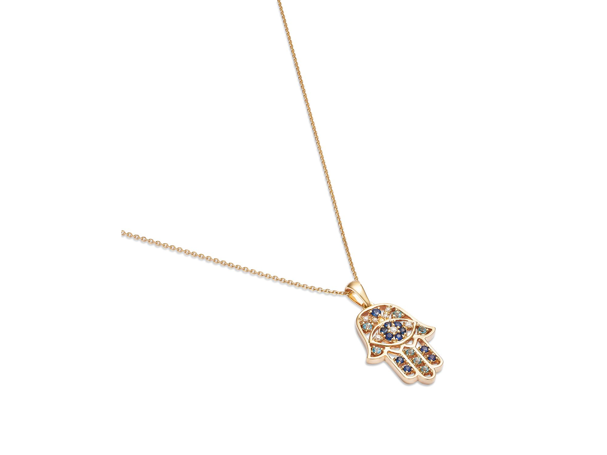 Blue Sapphire, Blue Topaz, & Diamond Accent Hamsa Hand Pendant Necklace in 14K Yellow Gold, 17" — Image 4