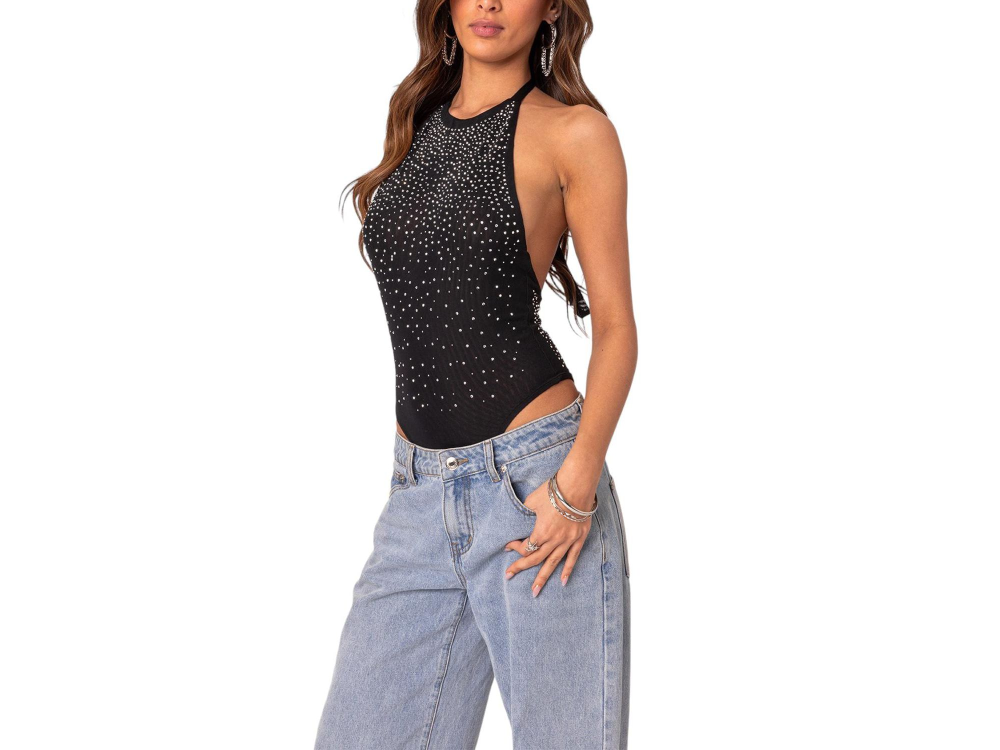 Open Back Mesh Rhinestone Bodysuit — Image 3