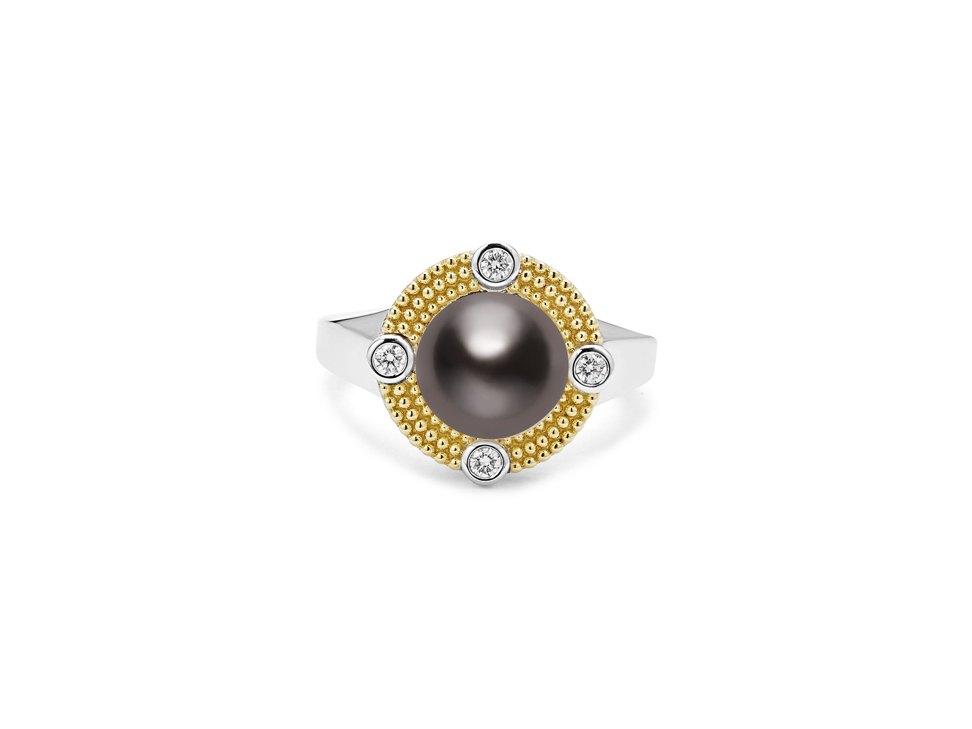 18K Yellow Gold & Sterling Silver Luna Black Tahitian Pearl & Diamond Halo Ring — Image 4