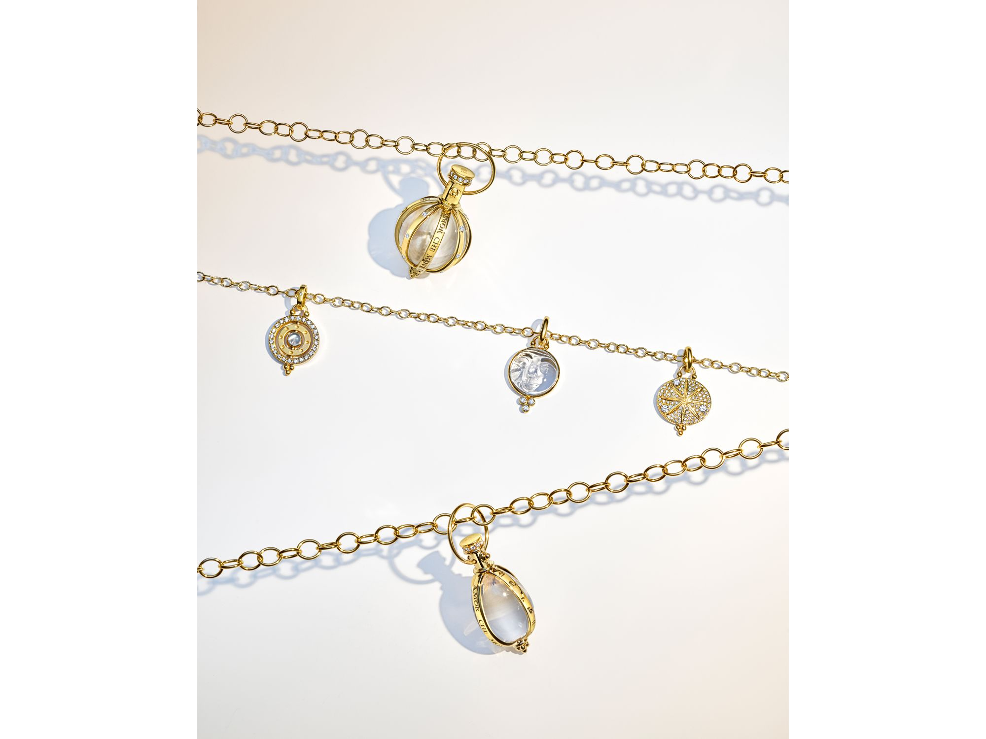18K Yellow Gold Small Carved Crystal Moonface Pendant with Diamonds — Image 4