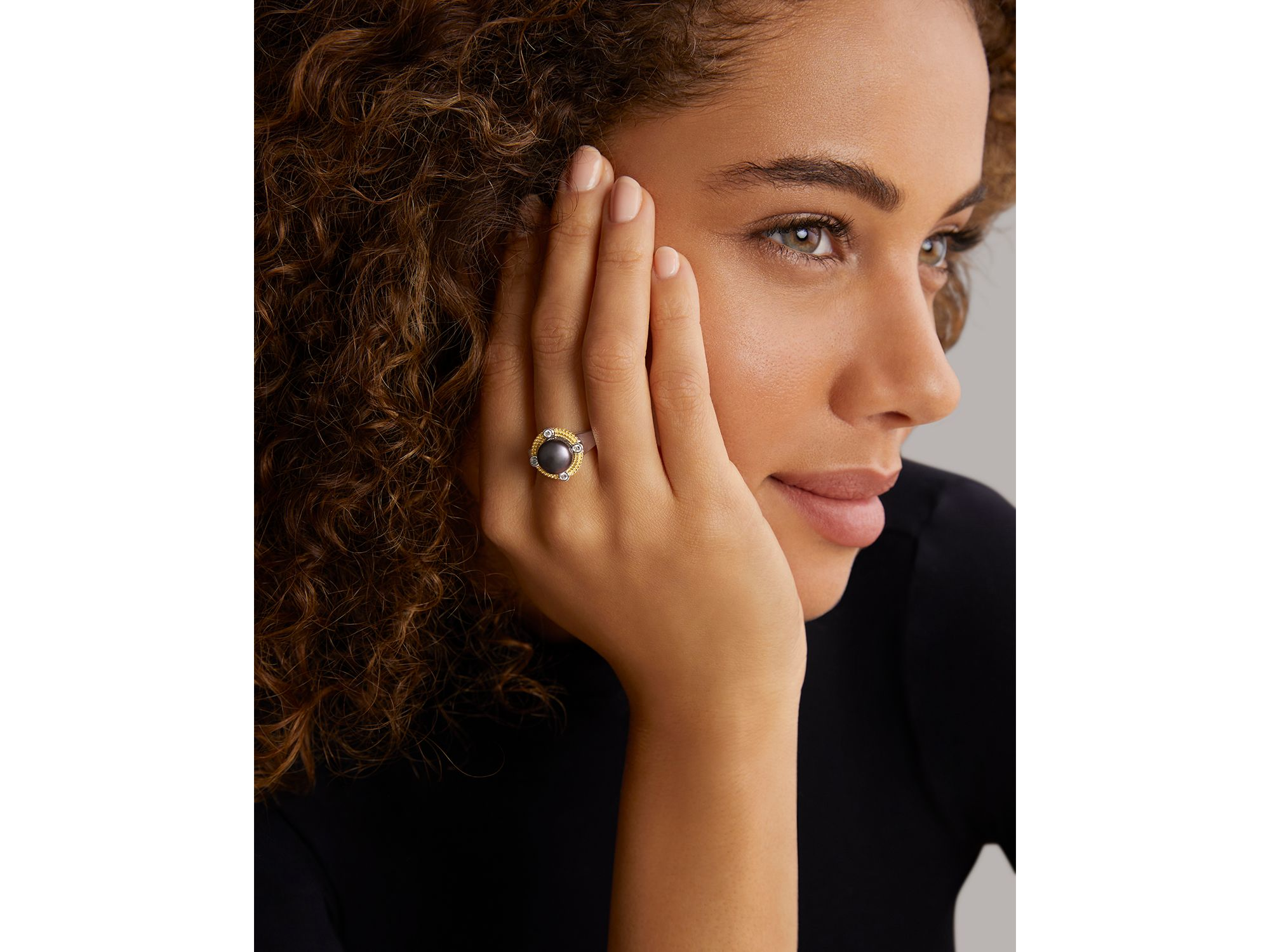 18K Yellow Gold & Sterling Silver Luna Black Tahitian Pearl & Diamond Halo Ring — Image 3