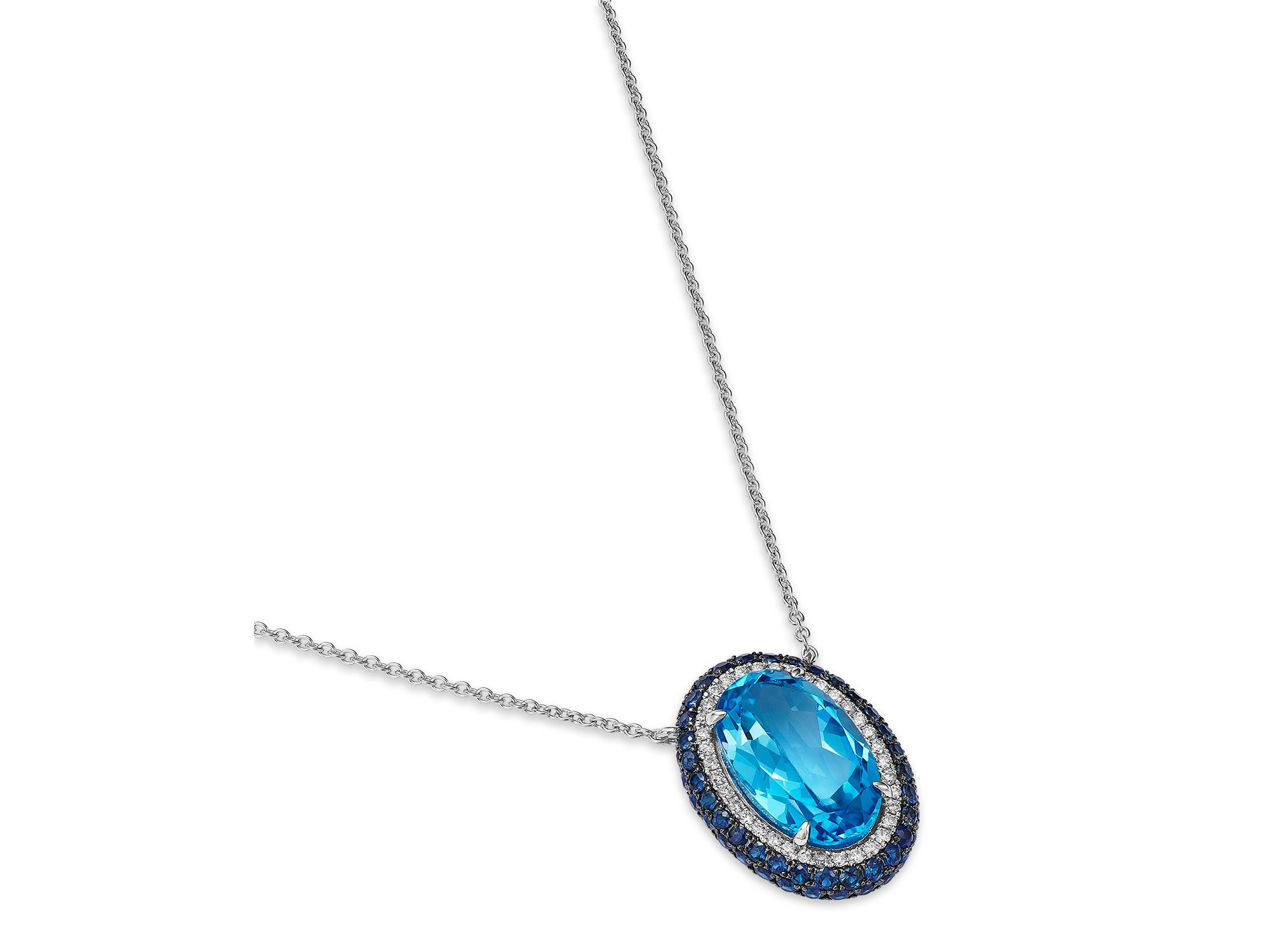 Swiss Blue Topaz, Blue Sapphire & Diamond Halo Pendant Necklace in 14K White Gold, 18" — Image 3