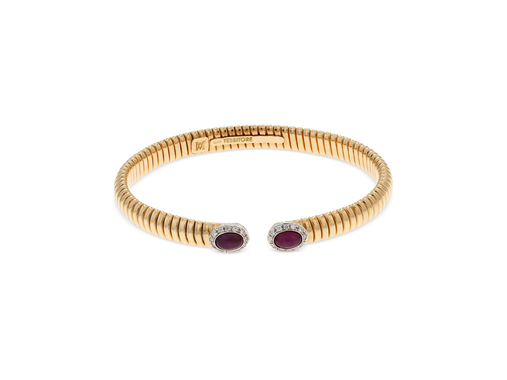 18K Yellow Gold Via Giardino Tubogas Domed Ruby Cabochon & Diamond Bracelet — Image 3