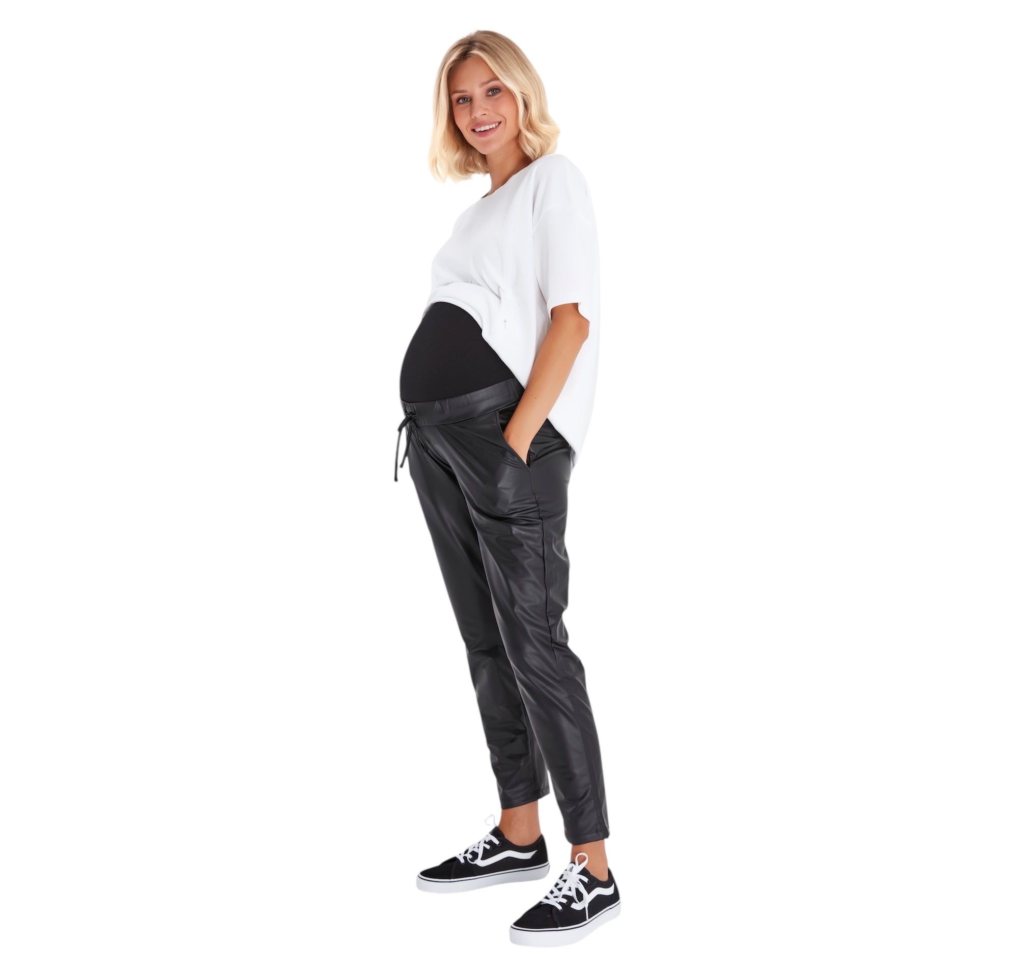 Comfy Cool Foldover Waistband Faux Leather Maternity Jogger Pants — Image 8