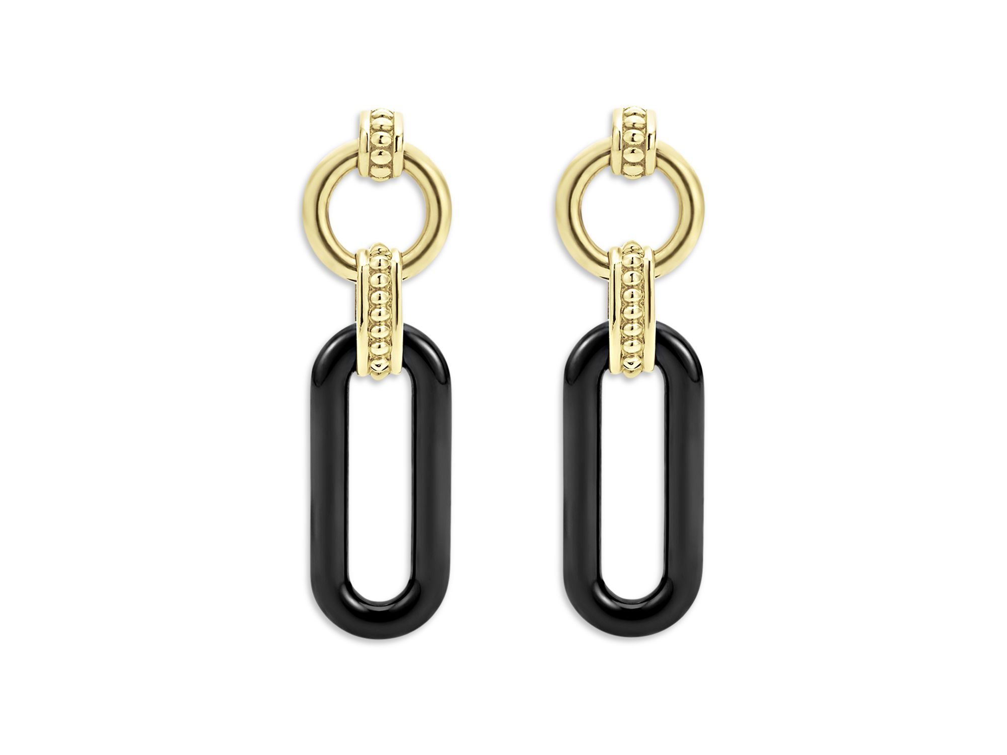 18K Yellow Gold Black Caviar Ceramic Link Drop Earrings — Image 3