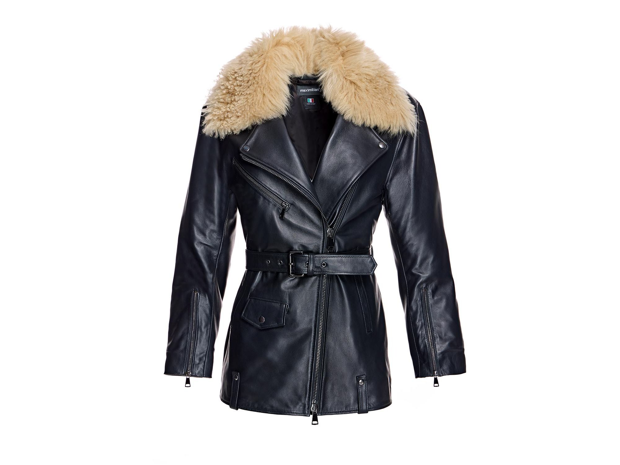 Leather Moto Jacket with Detachable Shearling Collar — Image 4