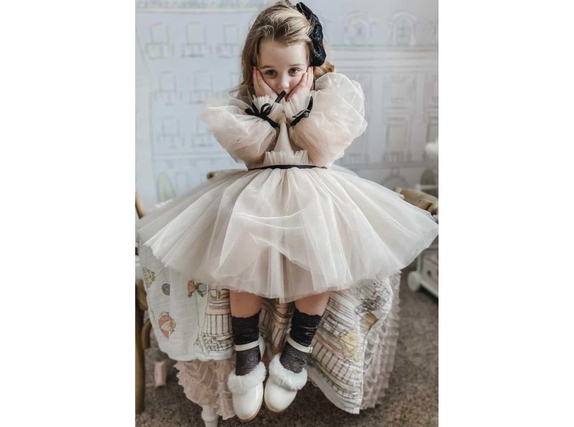 Girls' Coco Caramel Tulle Dress with Sheer Puff Tulle Sleeves - Baby, Little Kid, Big Kid — Image 8