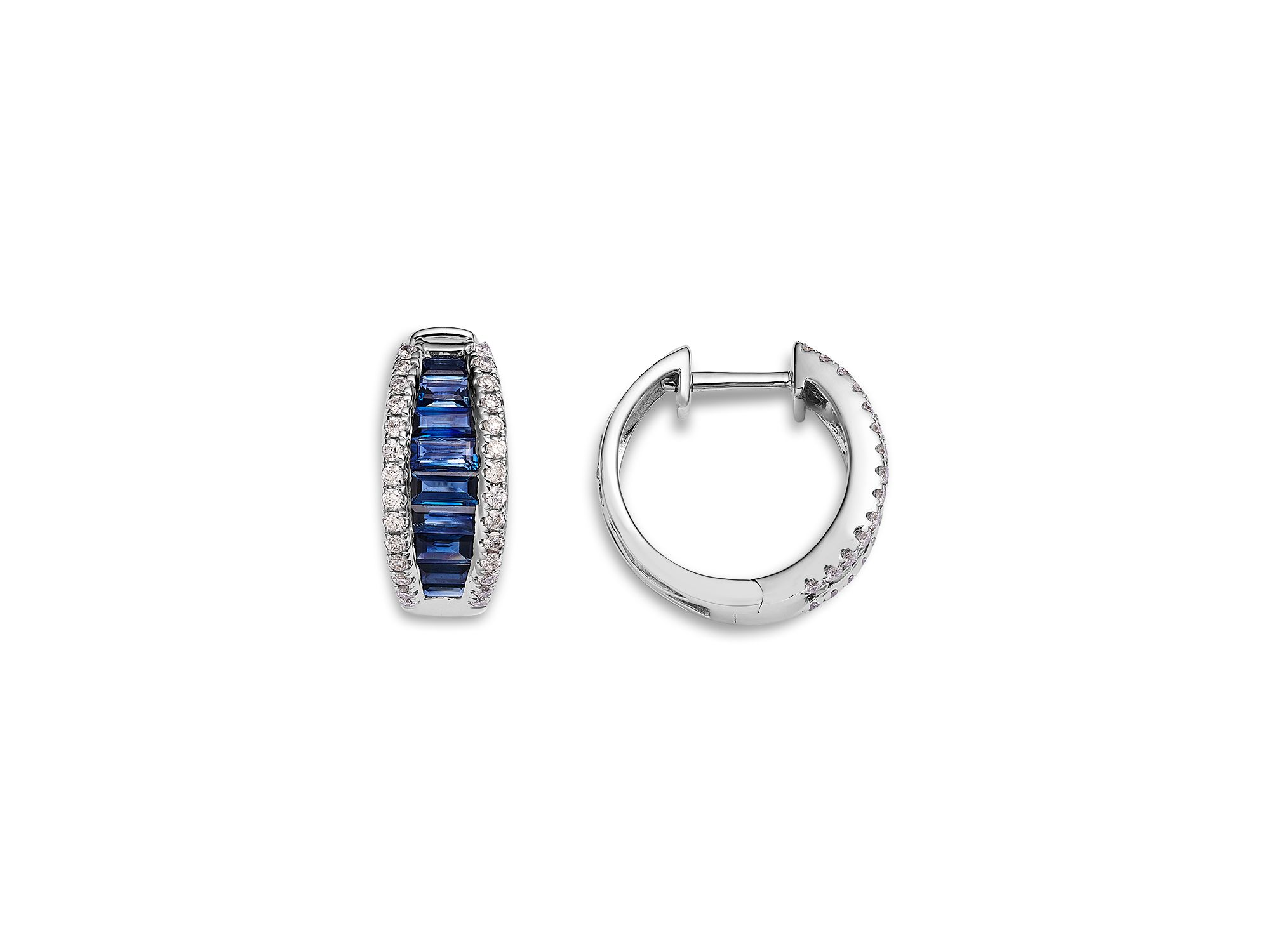 Blue Sapphire & Diamond Huggie Hoop Earrings in 14K White Gold — Image 3
