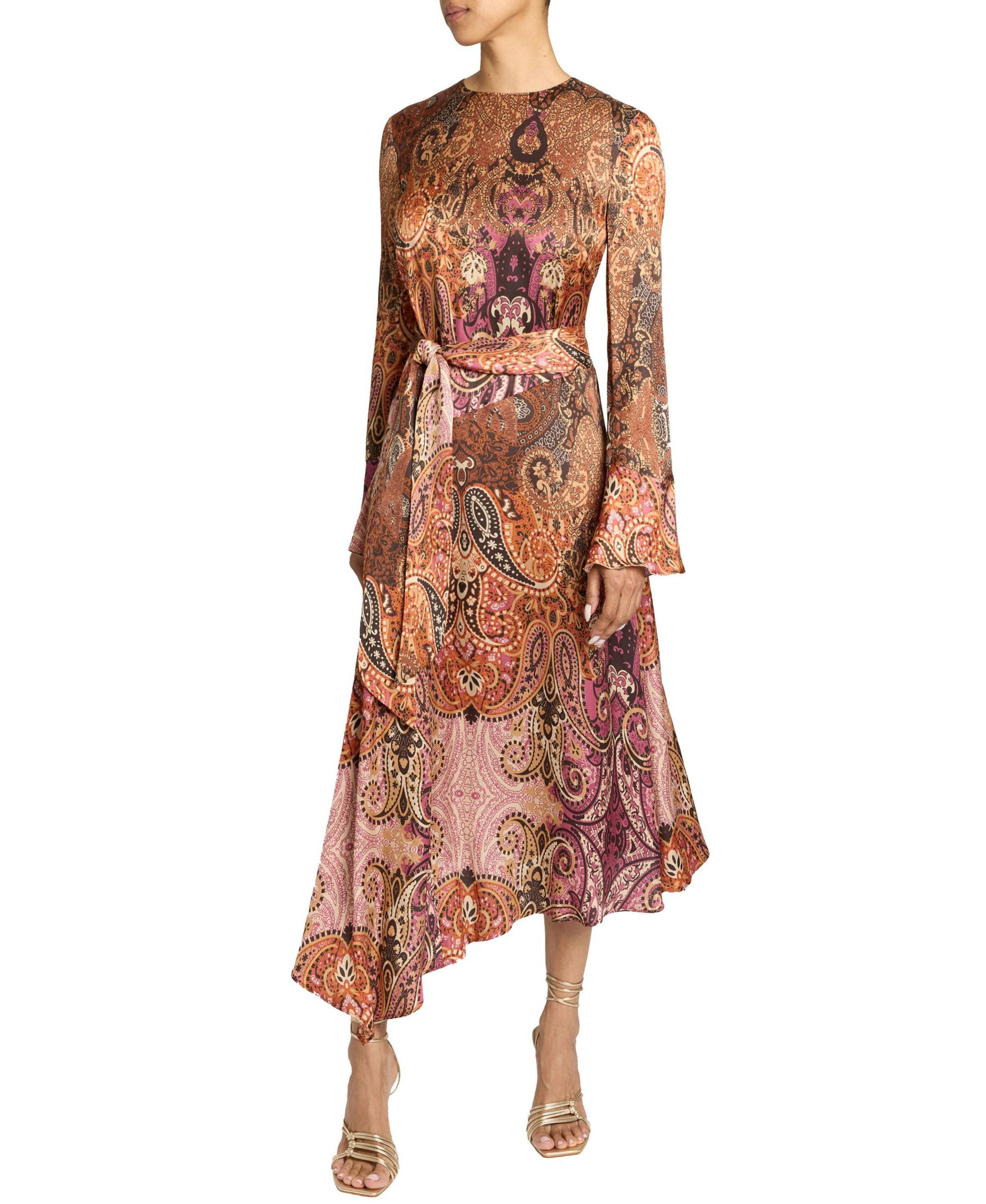 Rachel Long Sleeve Asymmetric Midi Dress in Printed Charmeuse - Image 1