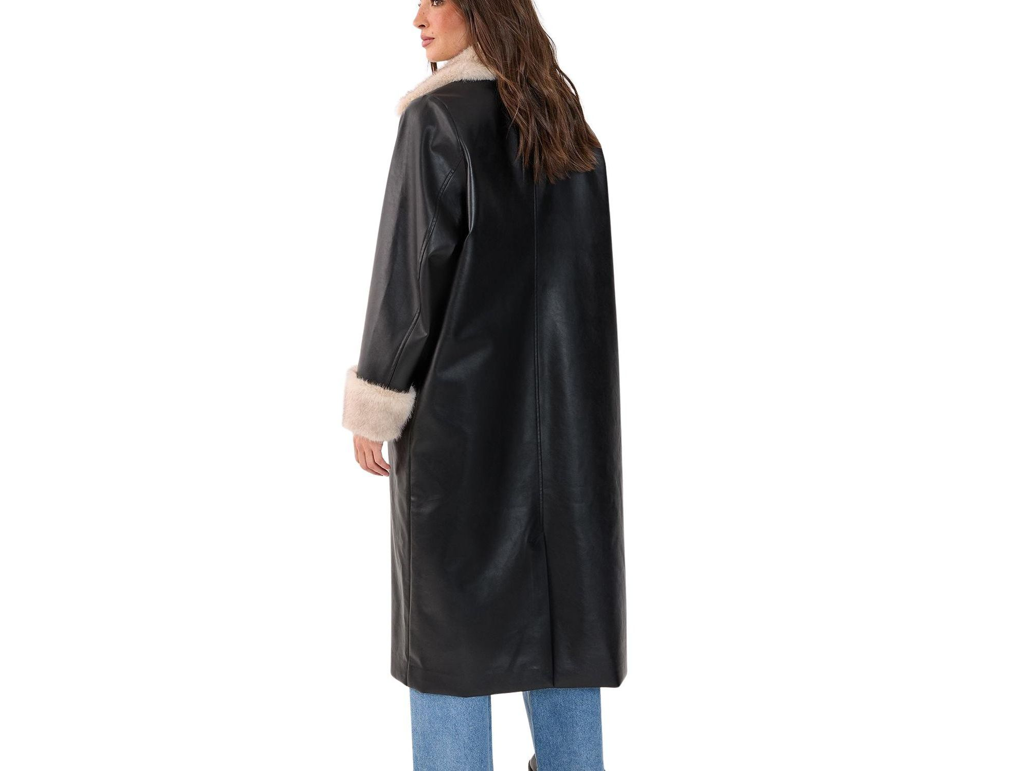 Faux Leather Longline Fur Trim Coat — Image 4