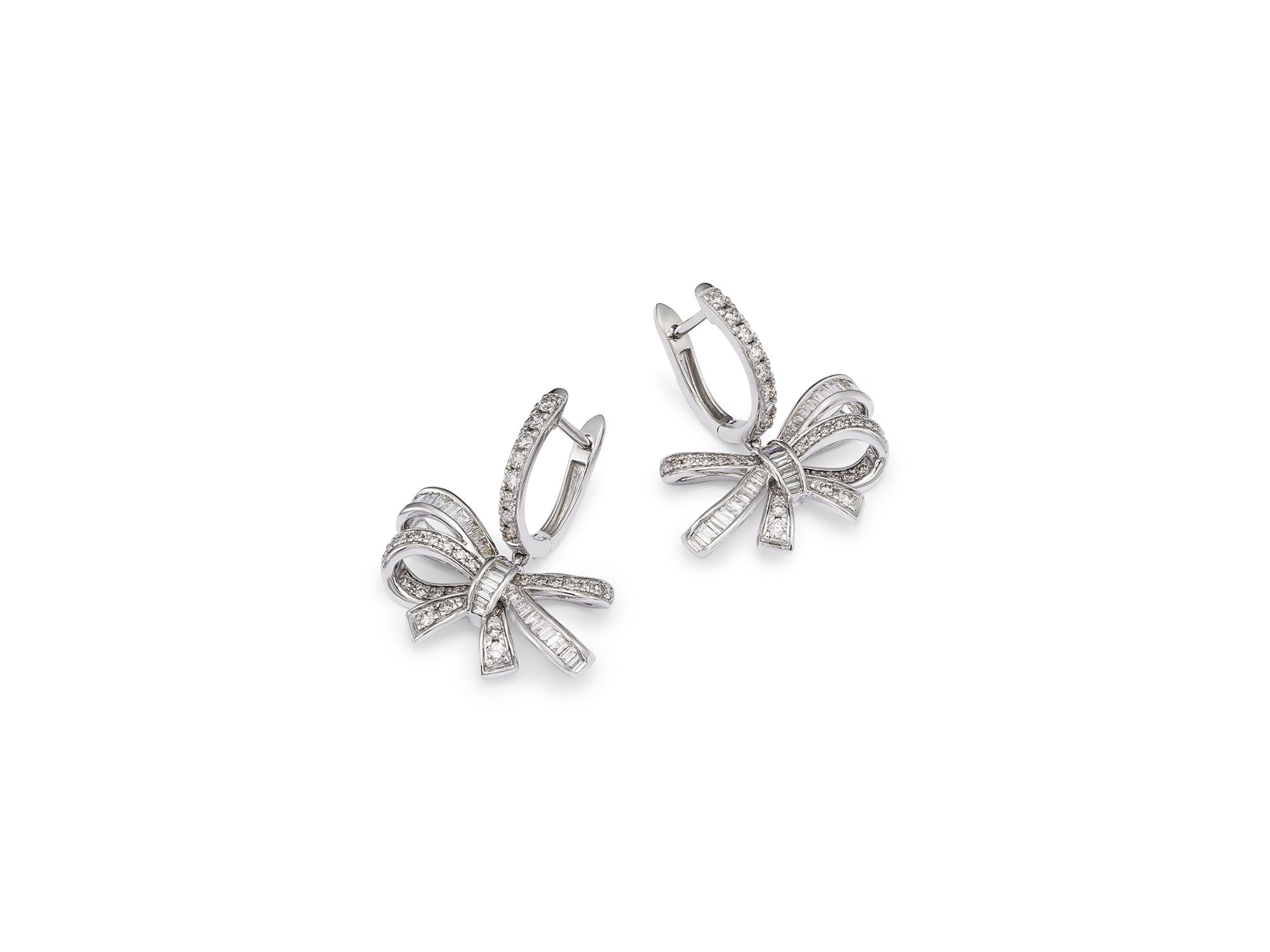 Diamond Round & Baguette Bow Drop Earrings in 14K White Gold, 1.00 tcw — Image 3