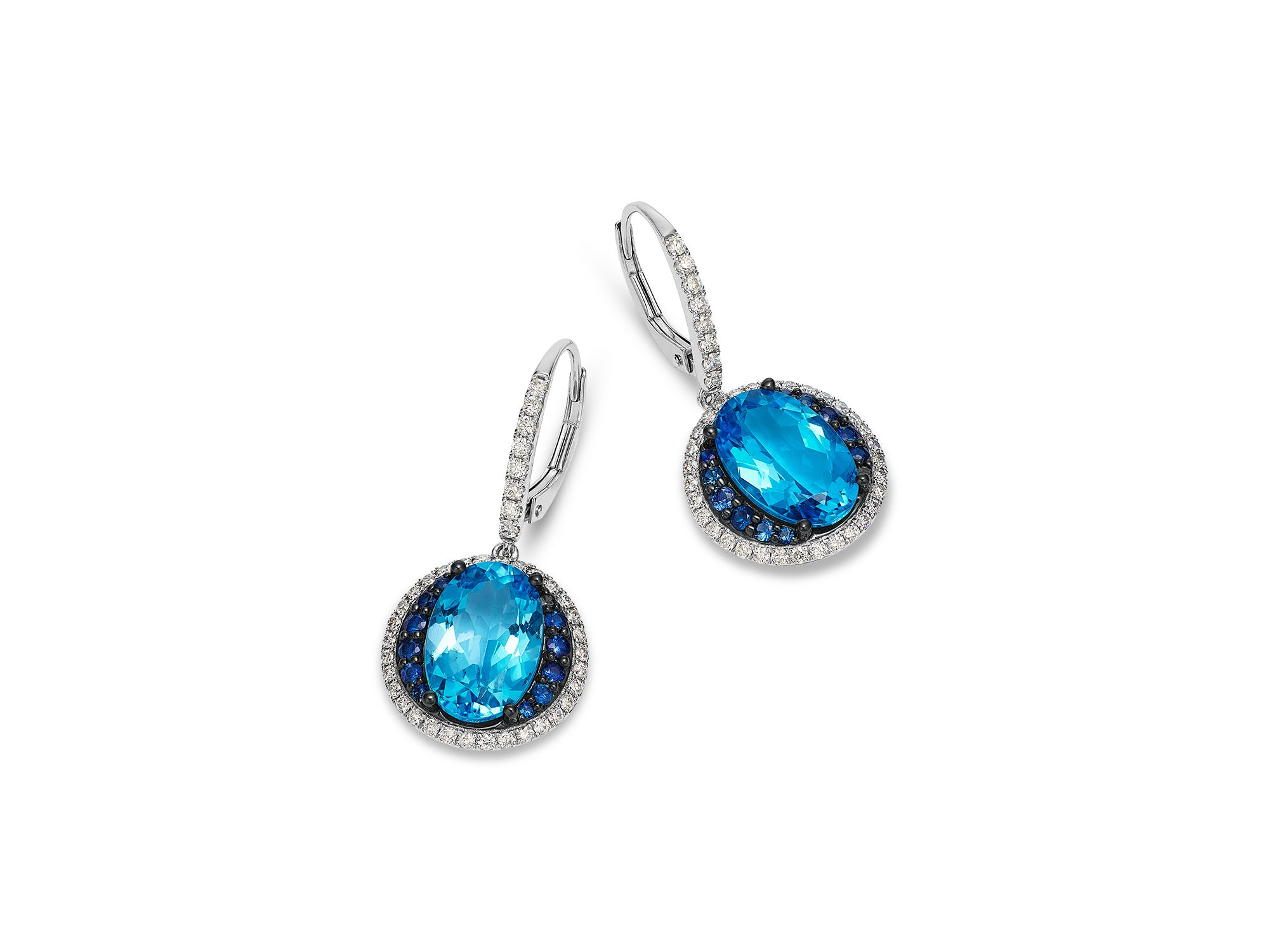 Swiss Blue Topaz, Blue Sapphire & Diamond Halo Drop Earrings in 14K White Gold — Image 3