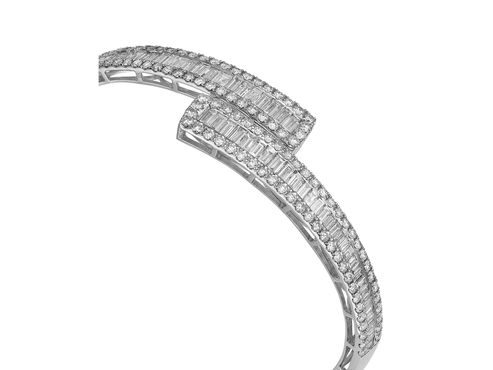 Diamond Baguette & Round Bypass Bangle Bracelet in 14K White Gold, 5.0 tcw — Image 3