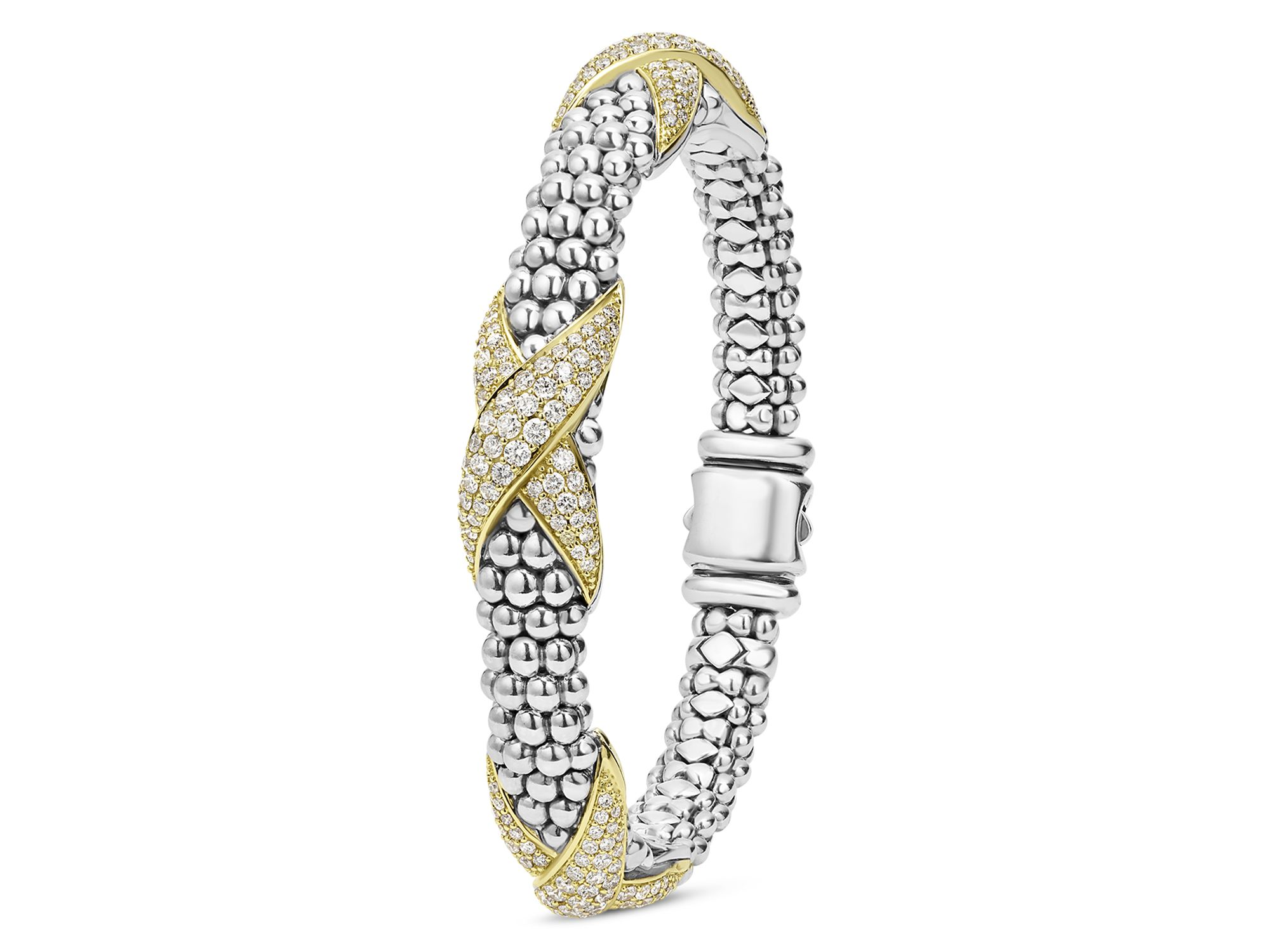 18K Yellow Gold & Sterling Silver Embrace Diamond Pavé X Station Caviar Bead Bracelet — Image 3