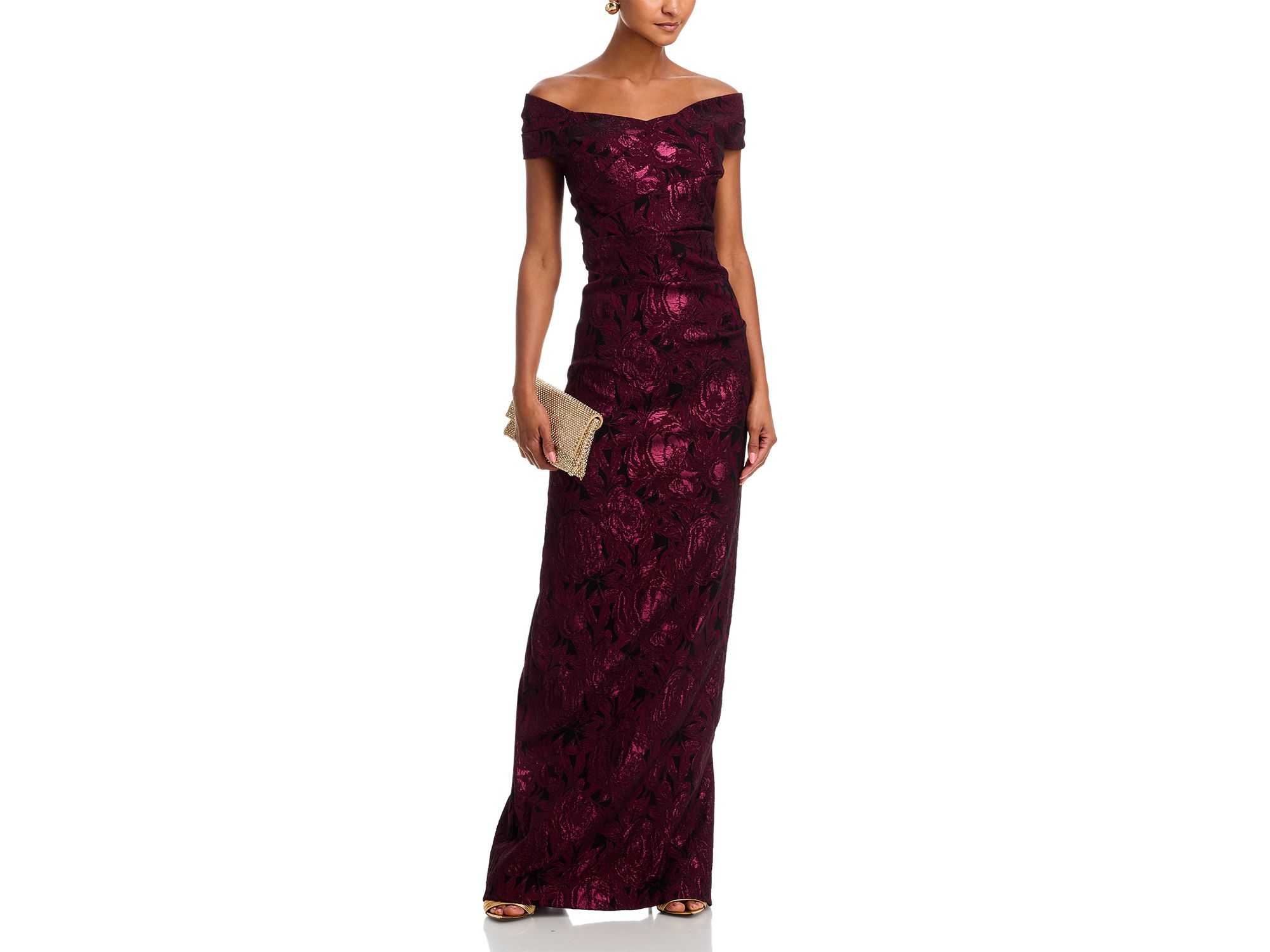 Floral Stretch Jacquard Off-the-Shoulder Ruched Gown — Image 3